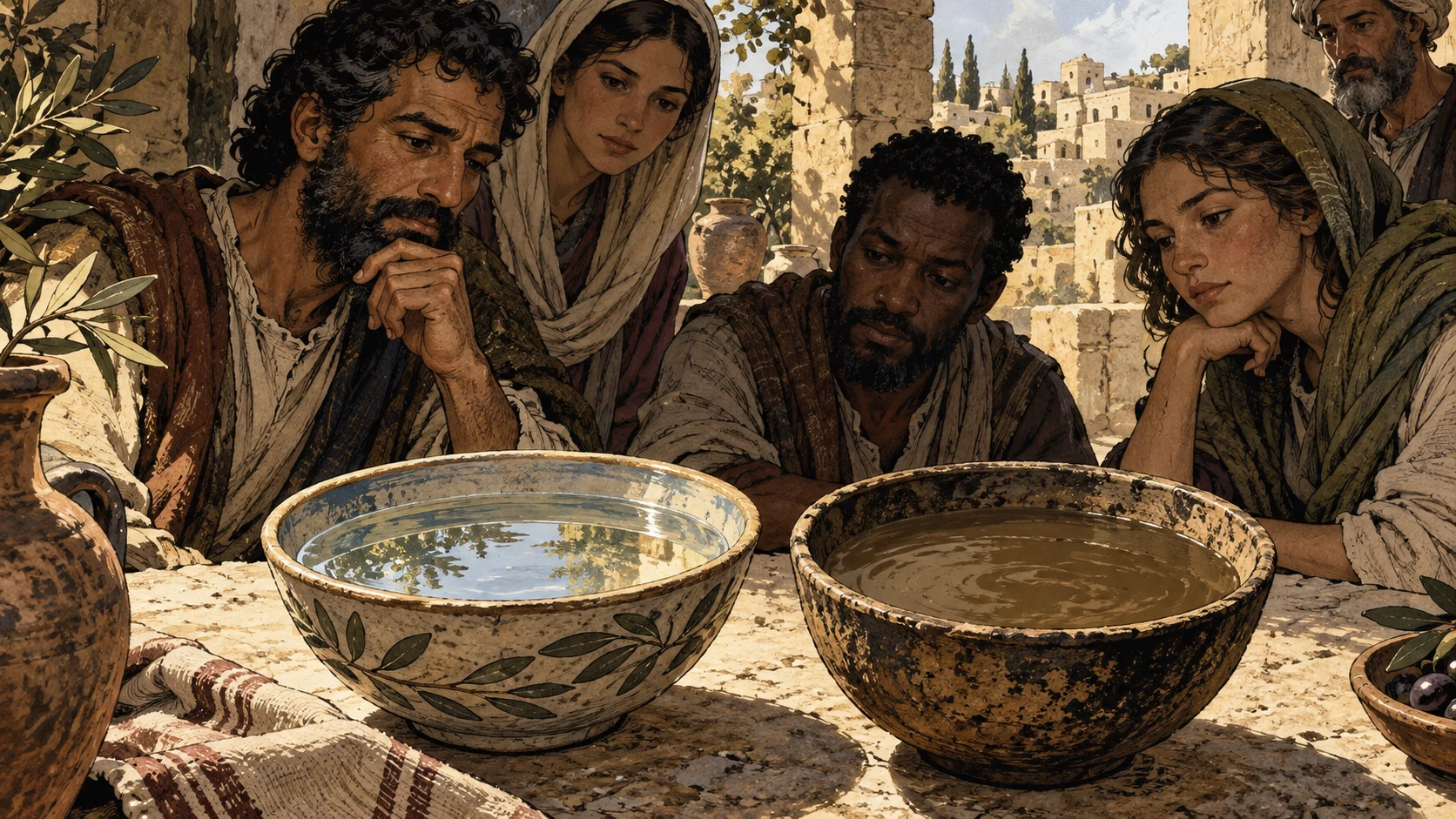 Clear and muddy water bowls provide a purity metaphor, with anonymous observers.