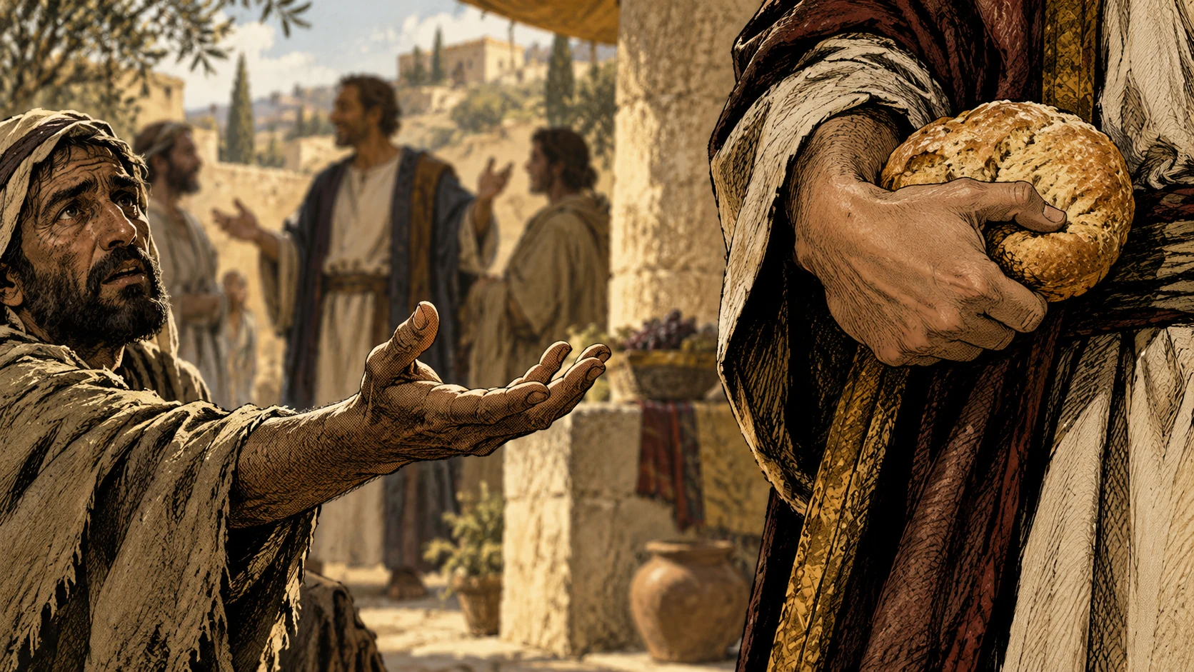 A cropped hand withholds bread from an empty hand while speech continues in the background.