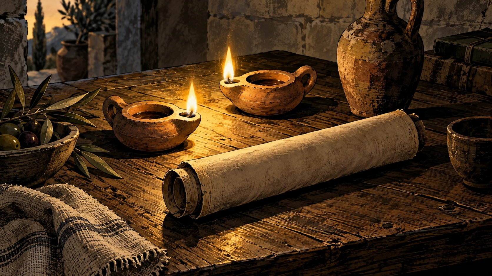Two clay lamps illuminate a rolled blank letter.