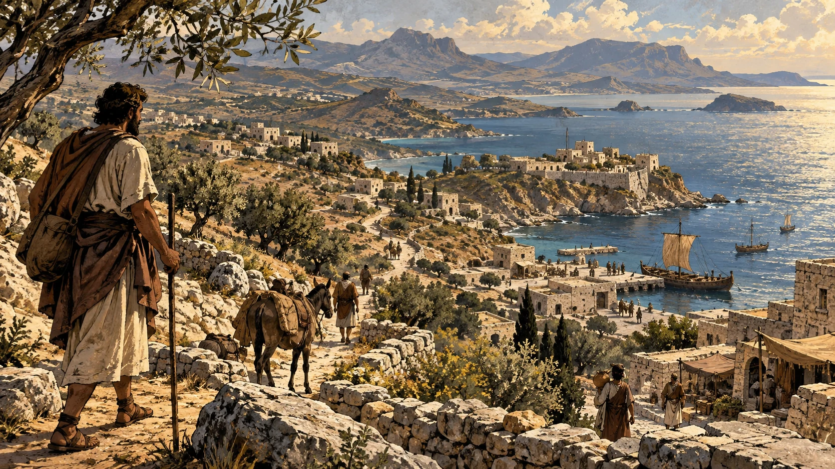 Cretan coastal towns and roads viewed from a hillside, with anonymous travelers.