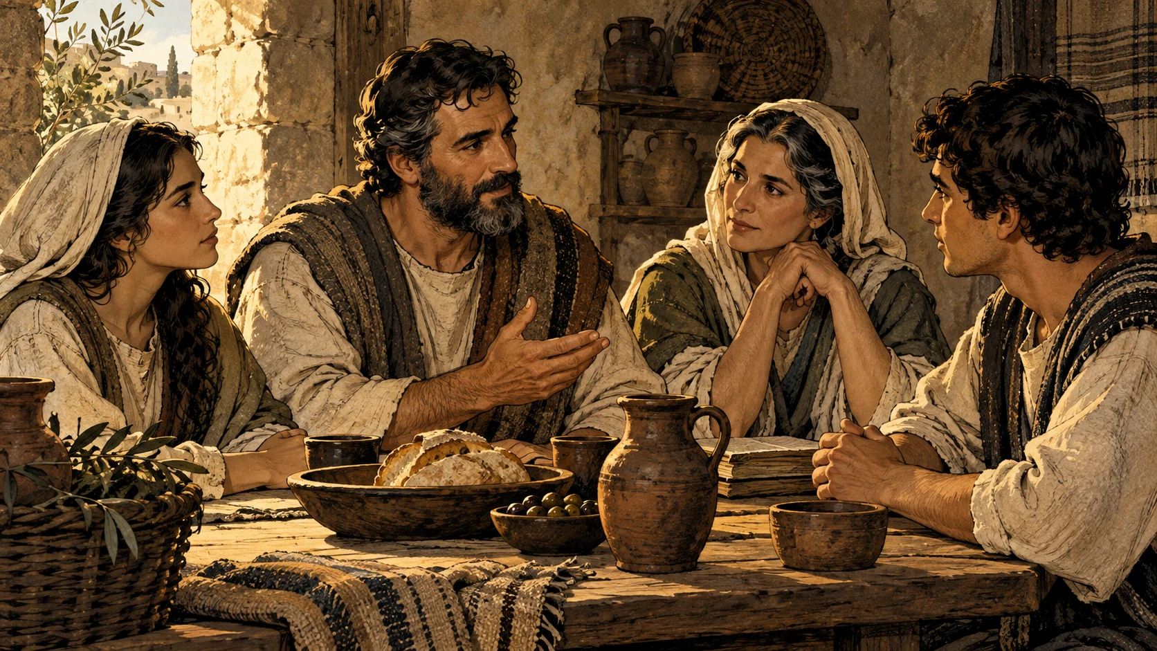 An anonymous household listens around a shared table.