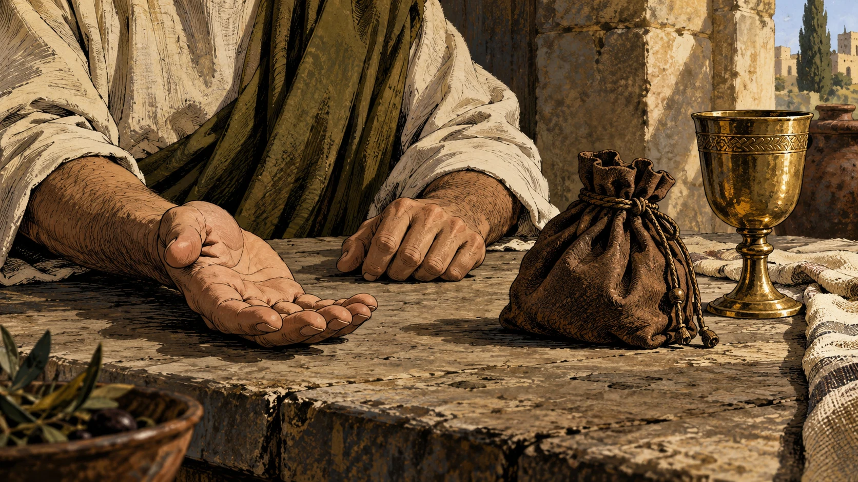 Cropped open hands rest beside a pouch and cup.