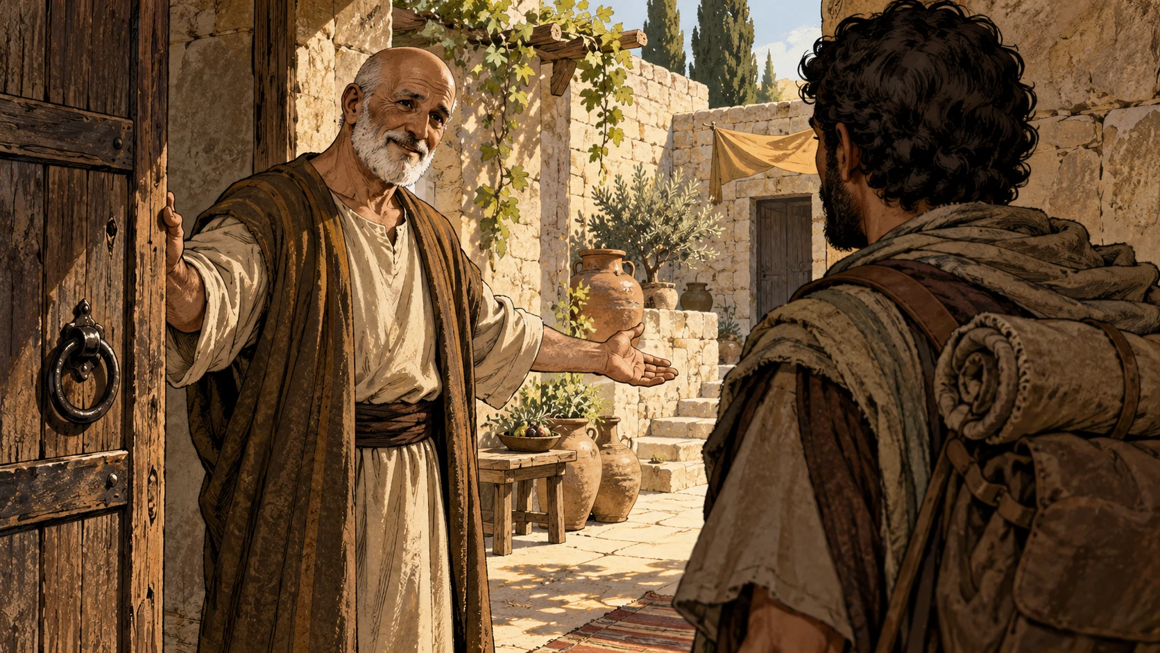 An anonymous bald host welcomes a traveler at a courtyard door.