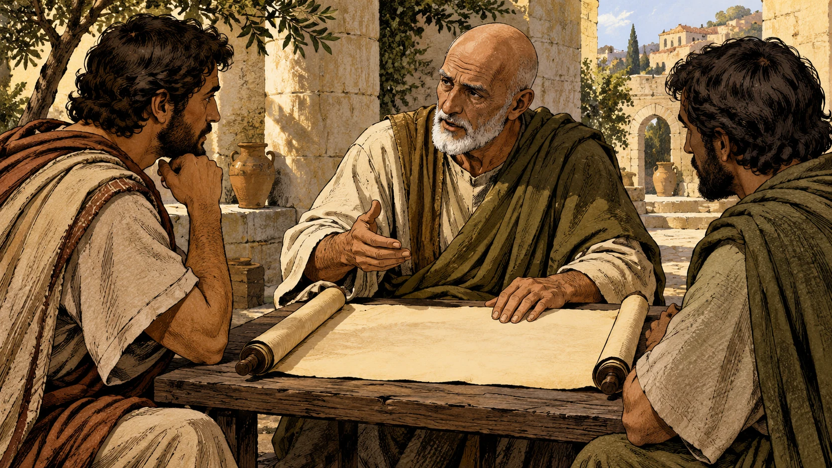 An anonymous bald instructor and two listeners attend to a blank scroll.