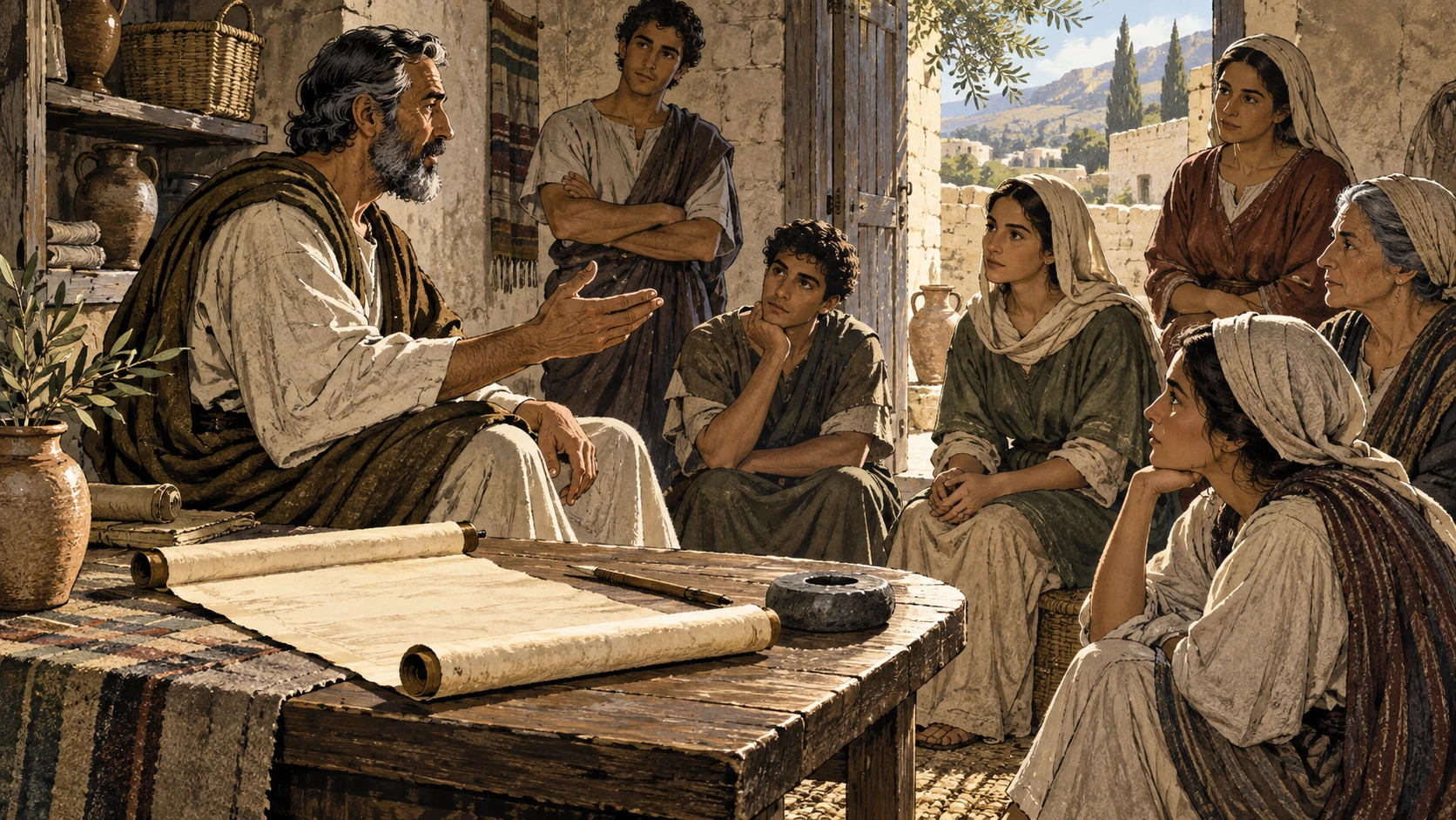 An anonymous teacher and household attend to a blank parchment and level stone.