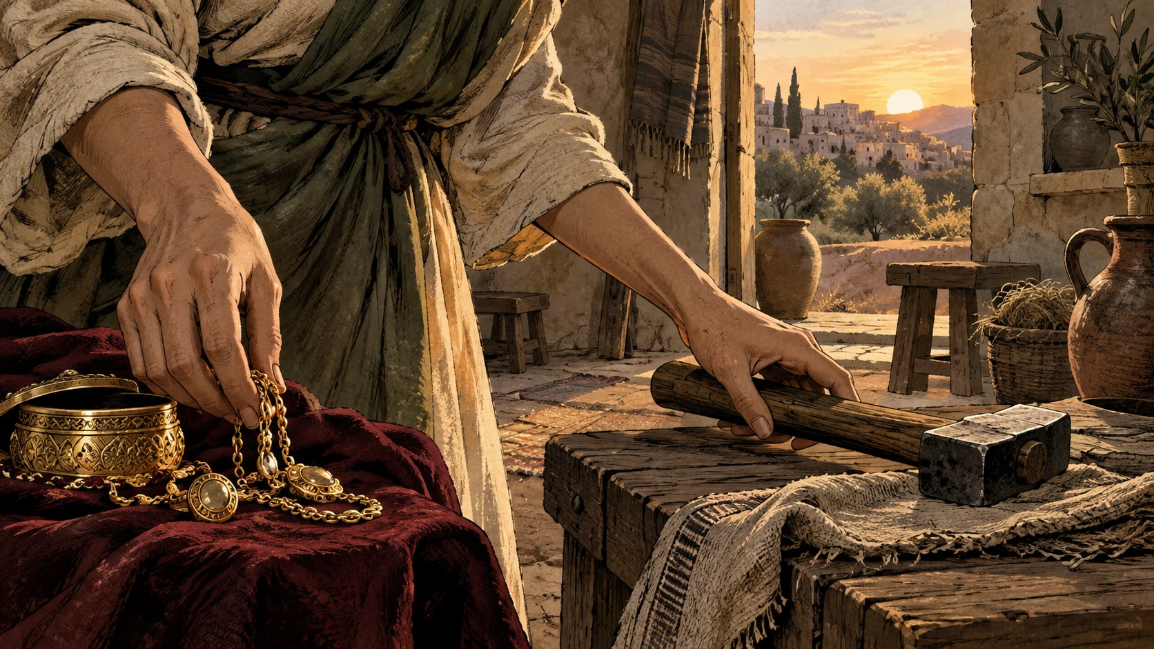 Cropped hands set aside jewelry and reach toward a work tool.
