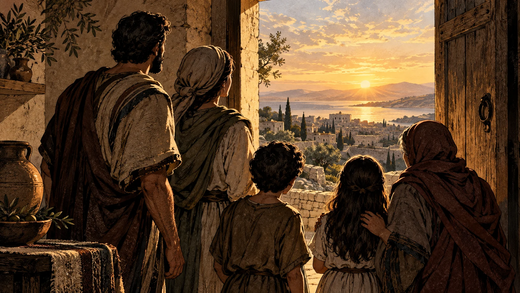 An anonymous household faces the bright horizon through a doorway.