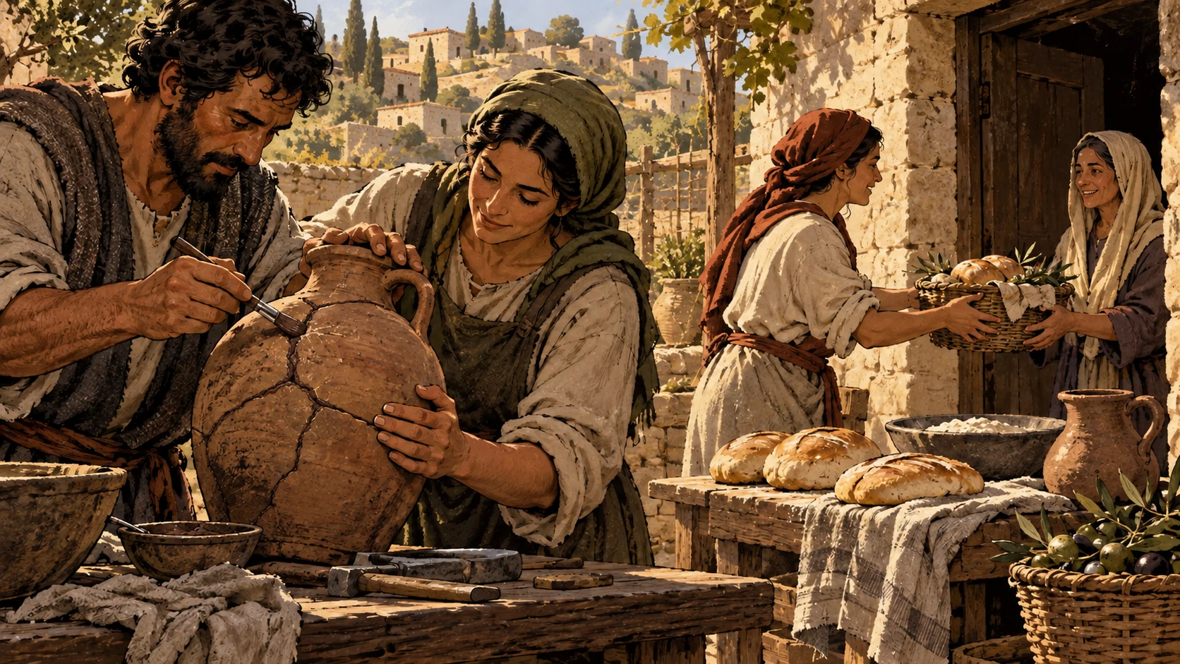 Anonymous workers mend a clay vessel with dark repair material while bread is provided nearby.