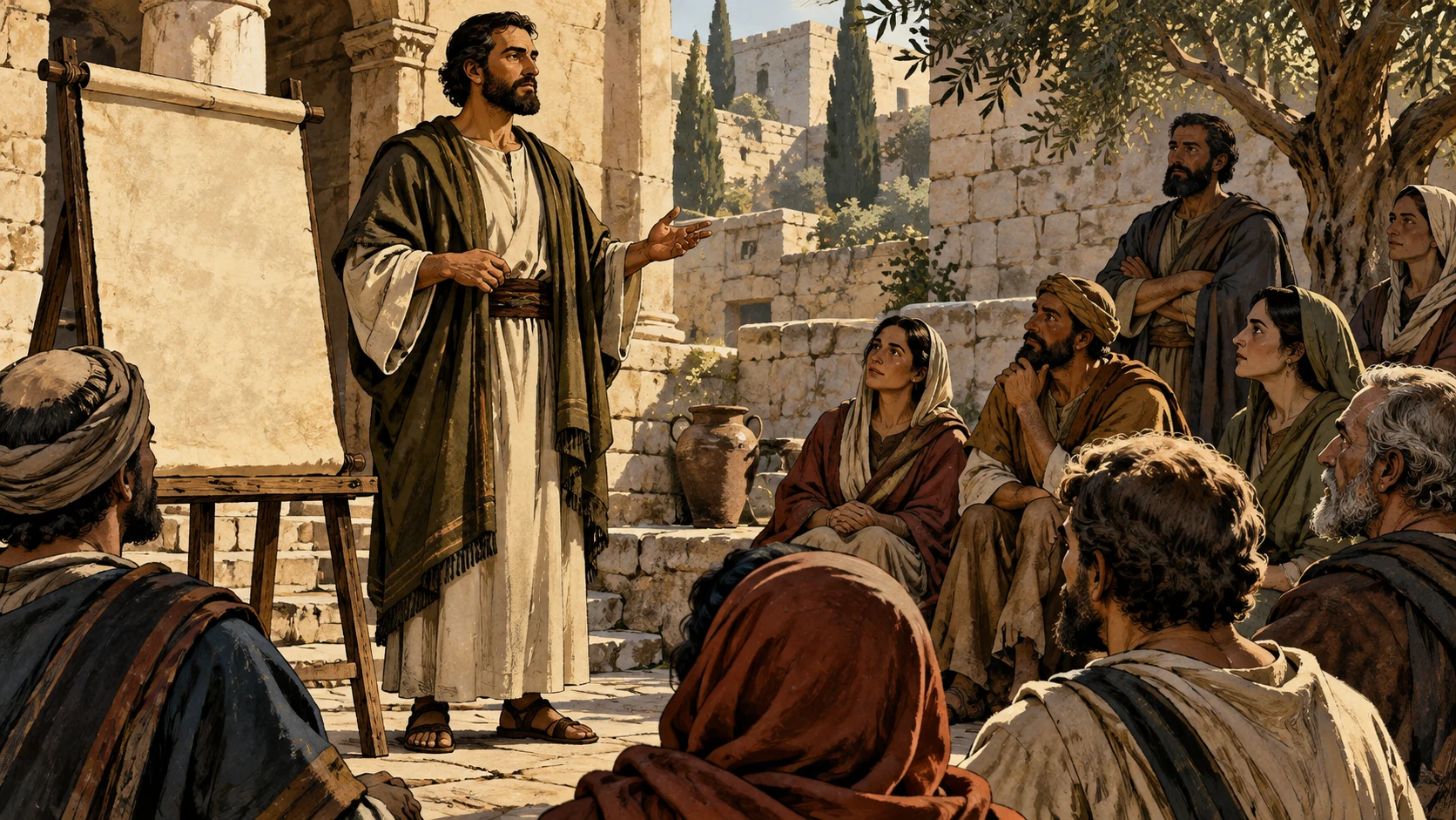 An anonymous instructor stands firmly beside a blank scroll and attentive listeners.