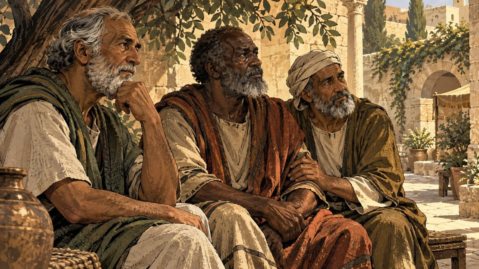 Three anonymous older men sit attentively beneath an olive tree.