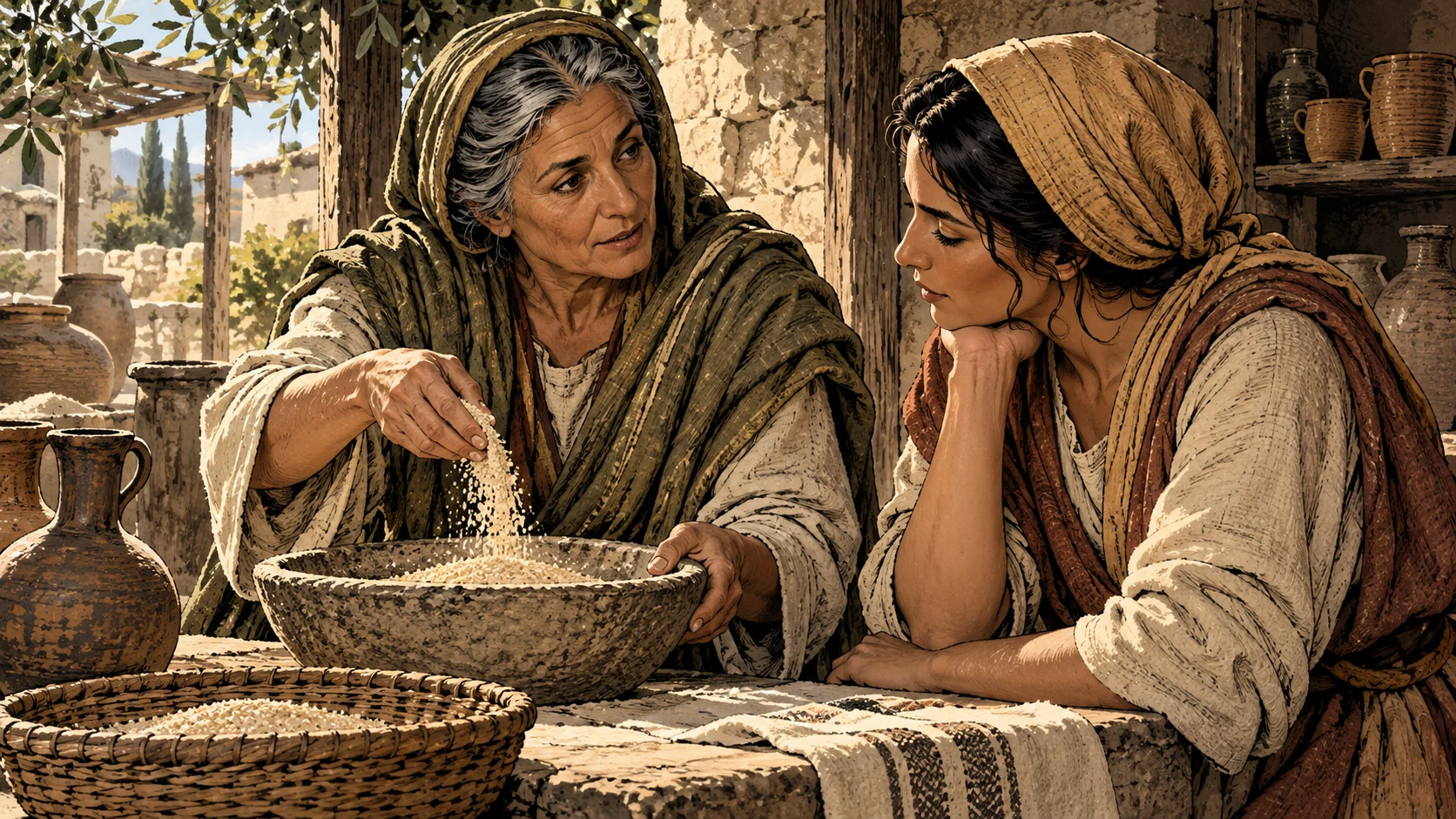 An older anonymous woman instructs another woman while handling grain.