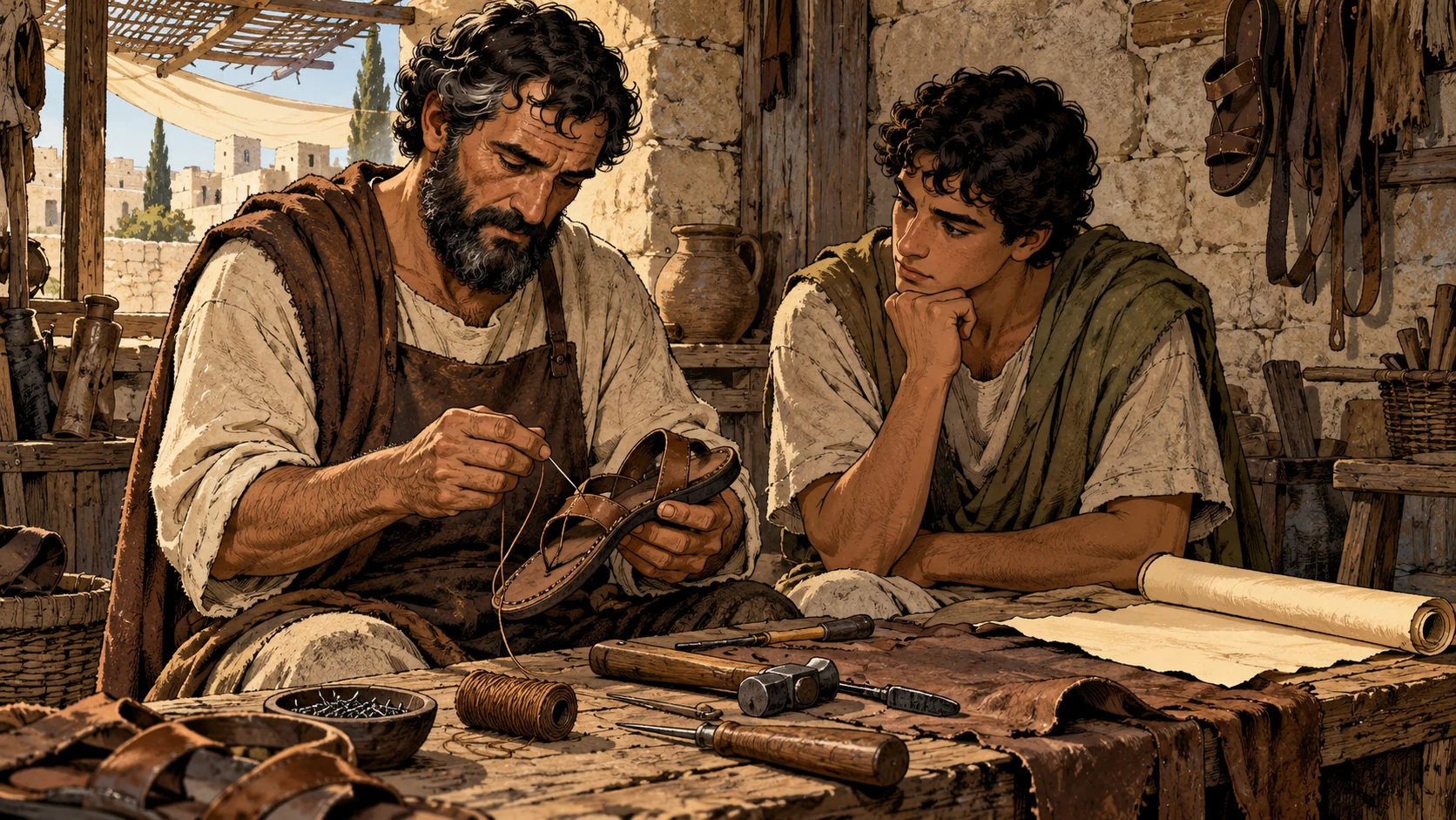 An anonymous artisan repairs a sandal beside an attentive younger adult.