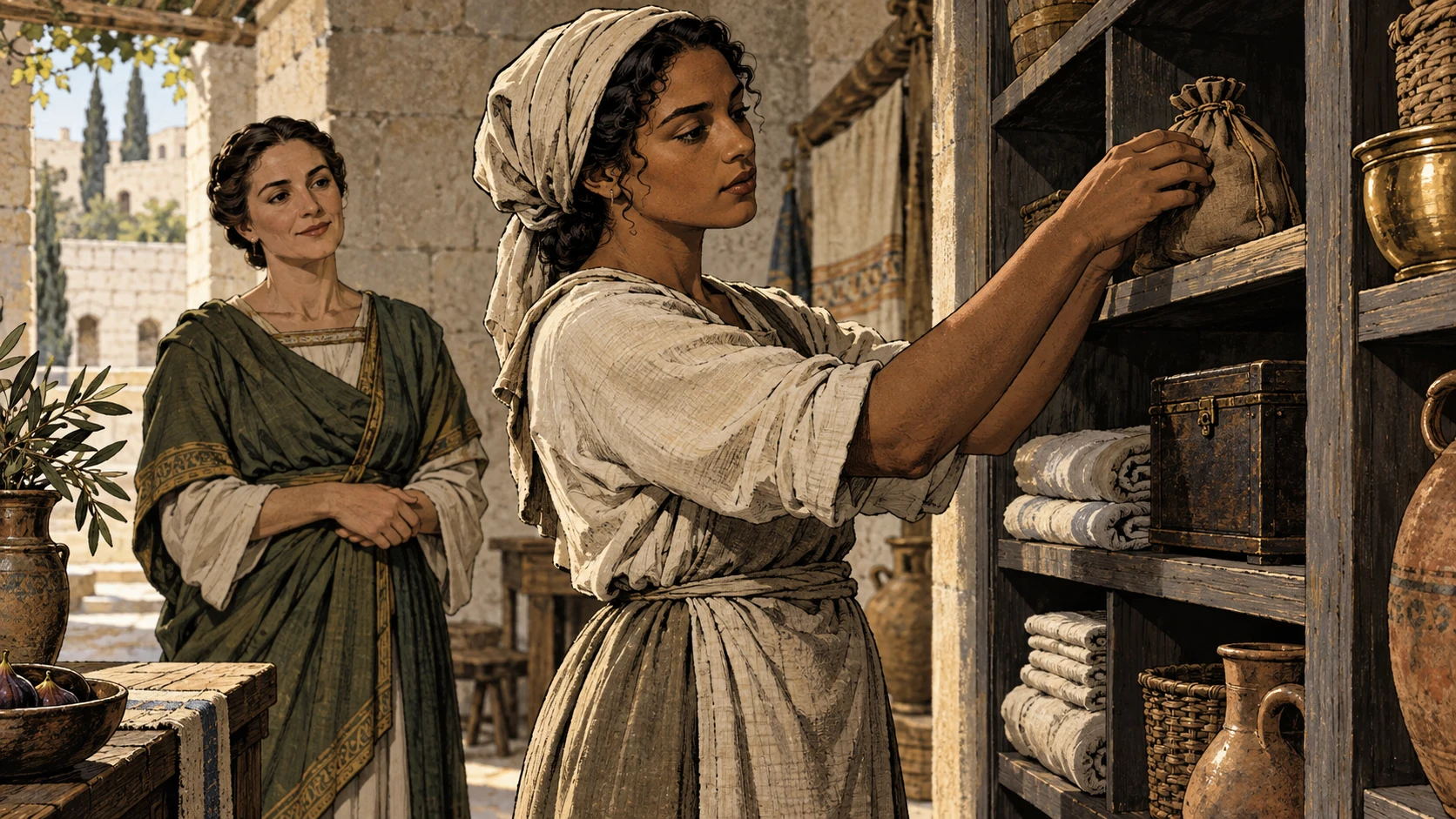 An anonymous household worker returns a pouch to a shelf.