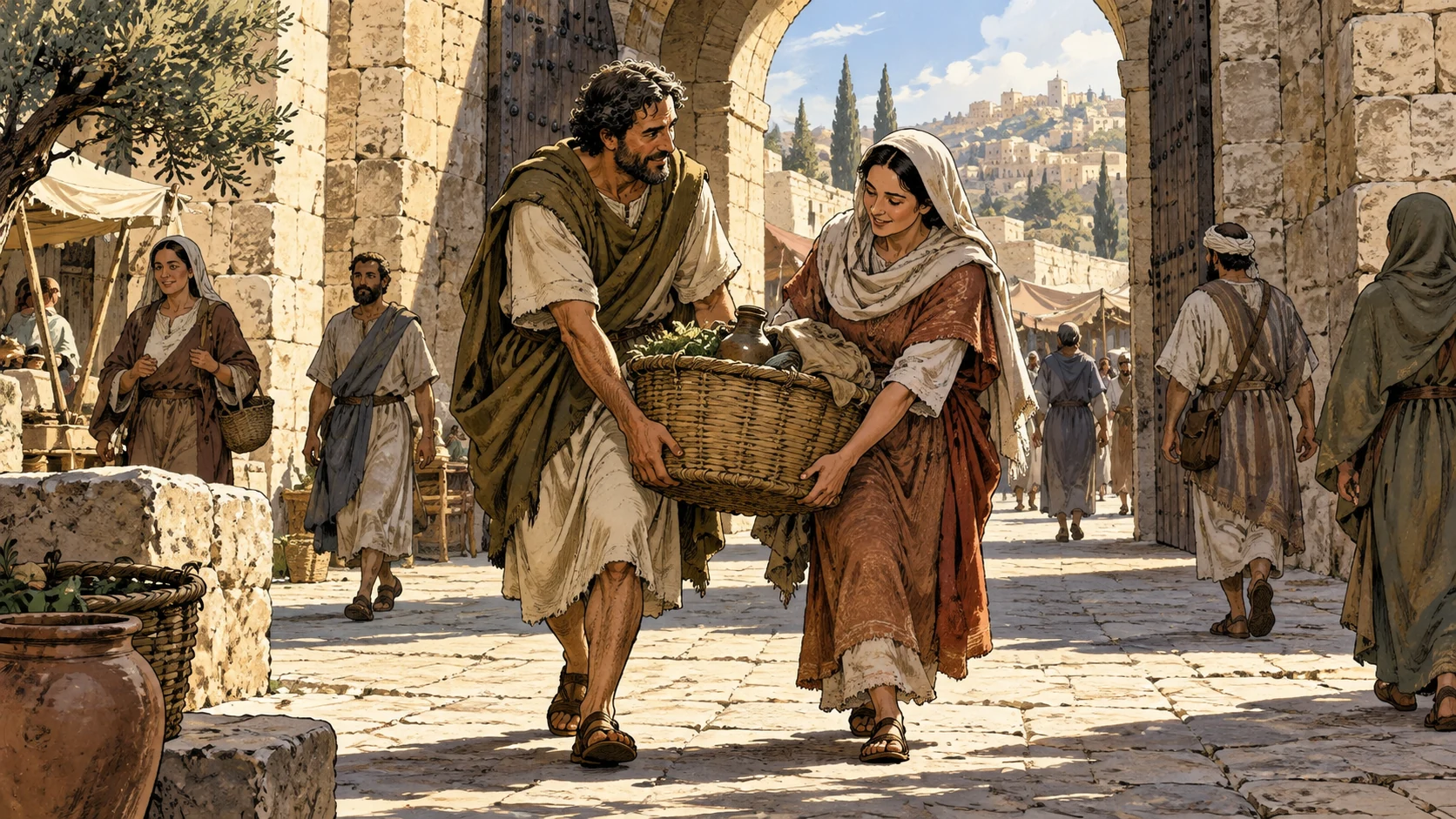 Anonymous adults help carry a basket through a civic gateway.
