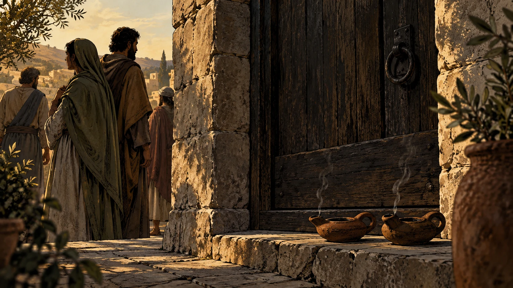 Two extinguished lamps sit before a closed doorway, with anonymous people beyond.