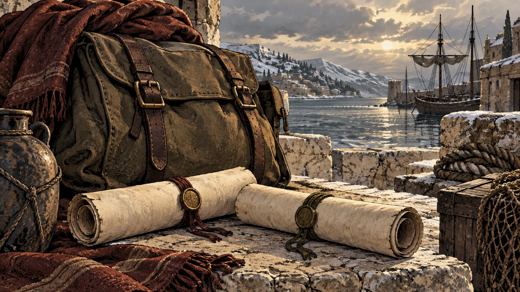 Two blank rolled messages and a packed bag stand beside a wintry harbor.