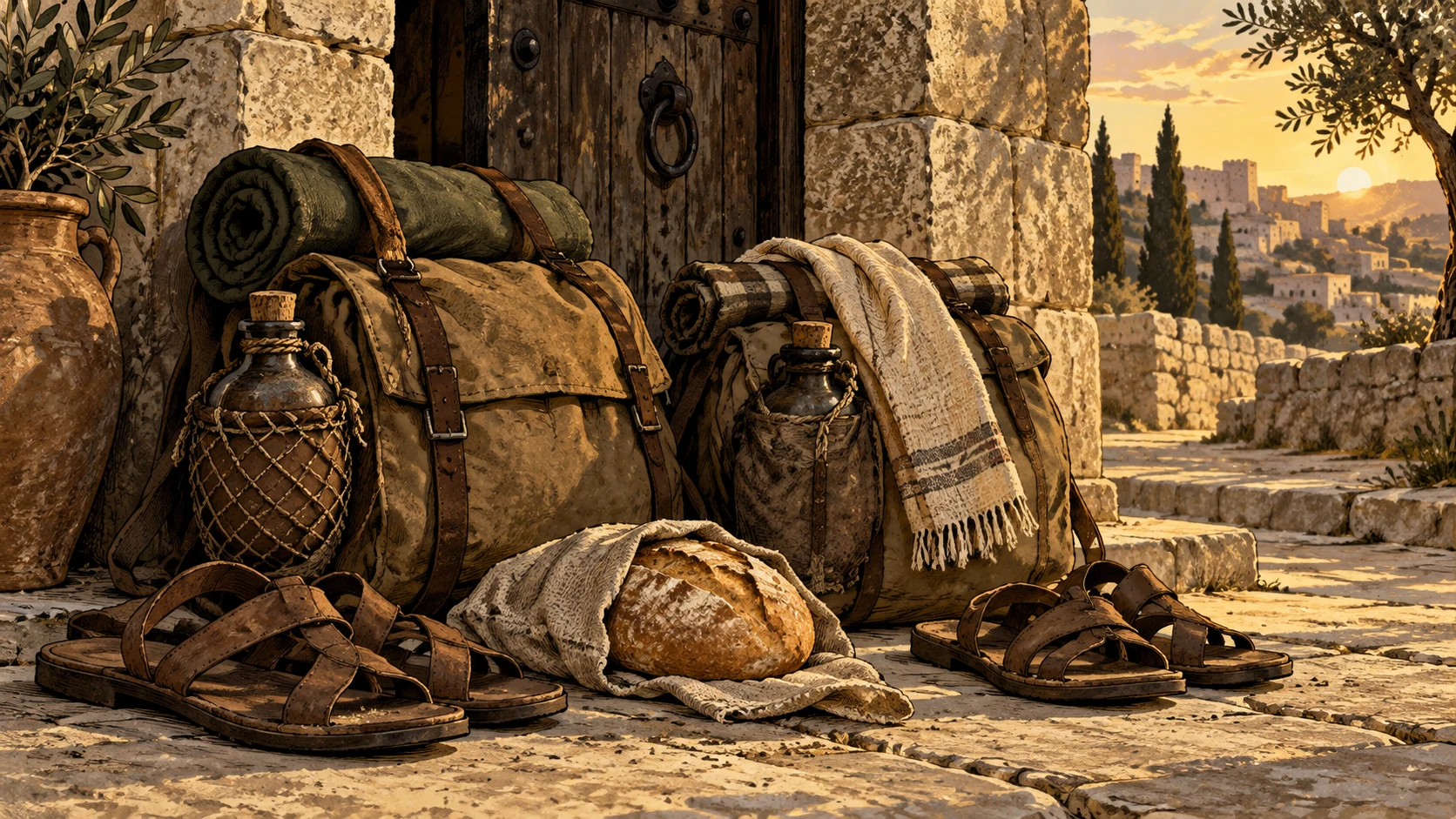 Two travel packs, flasks, sandals and bread illustrate requested provision.