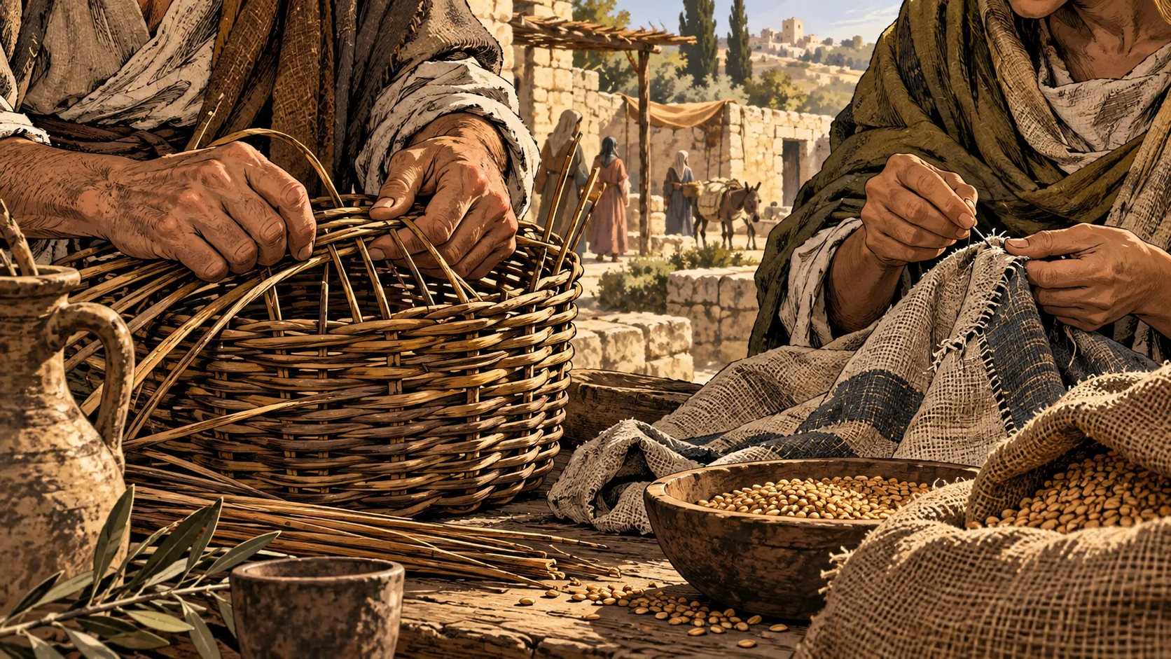 Anonymous hands weave a basket and repair cloth beside grain.
