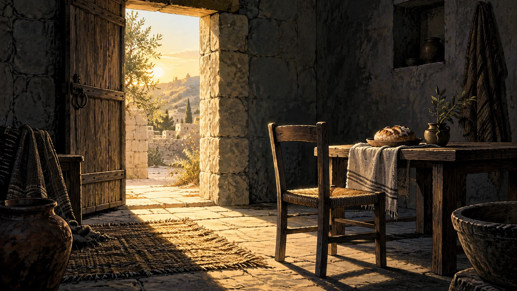 Morning light enters an empty room containing a chair and bread.
