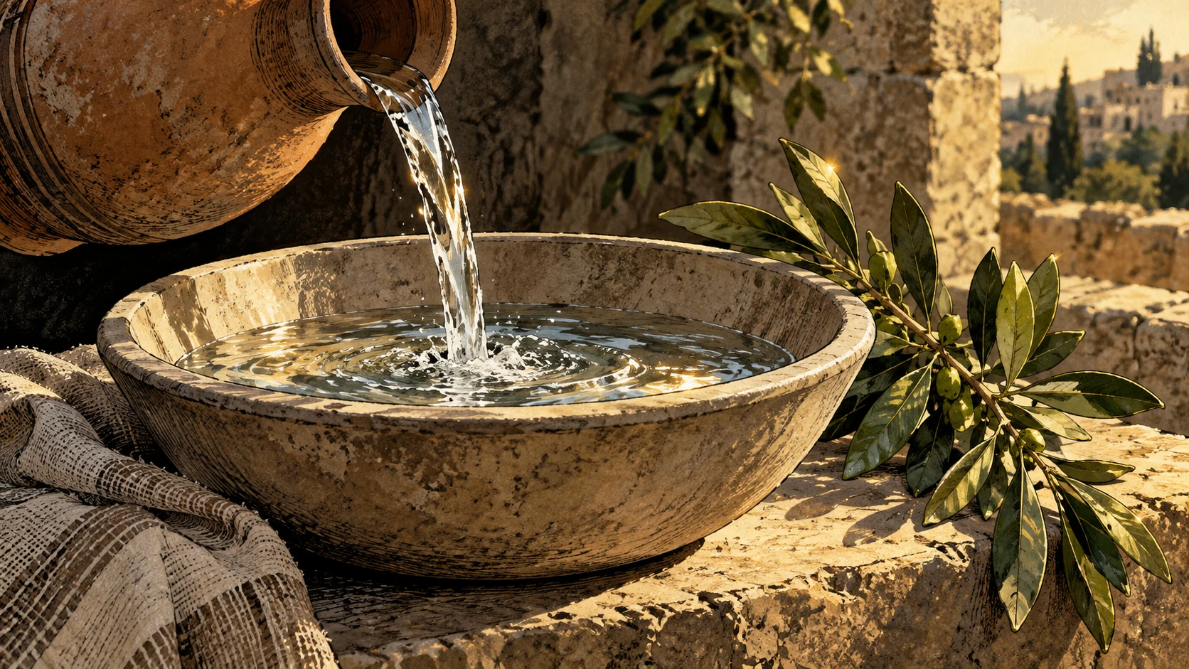 Clean water pours into a basin beside a fresh green branch.
