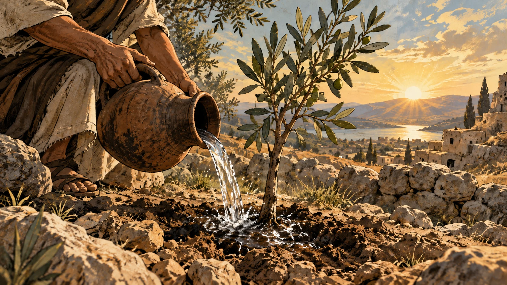 Cropped anonymous arms pour water onto an olive sapling in rocky soil.