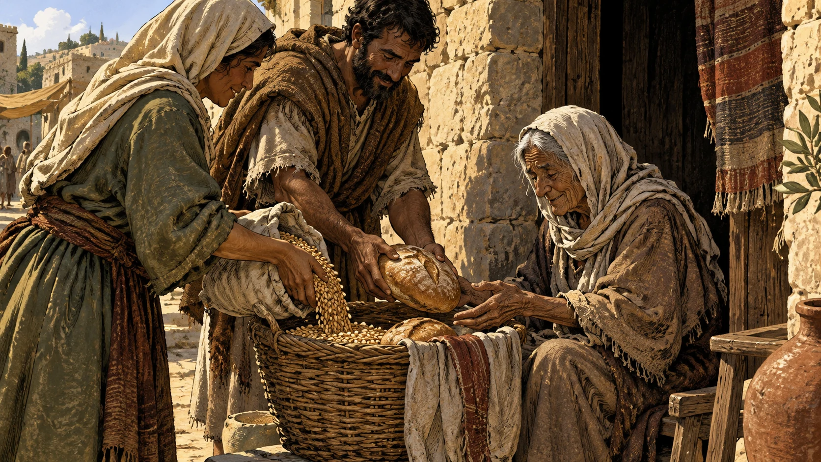 Anonymous neighbors provide grain and bread to a frail elder.
