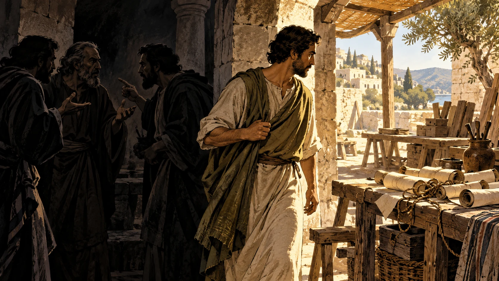 An anonymous person turns away from shadowed quarrels toward a workshop.
