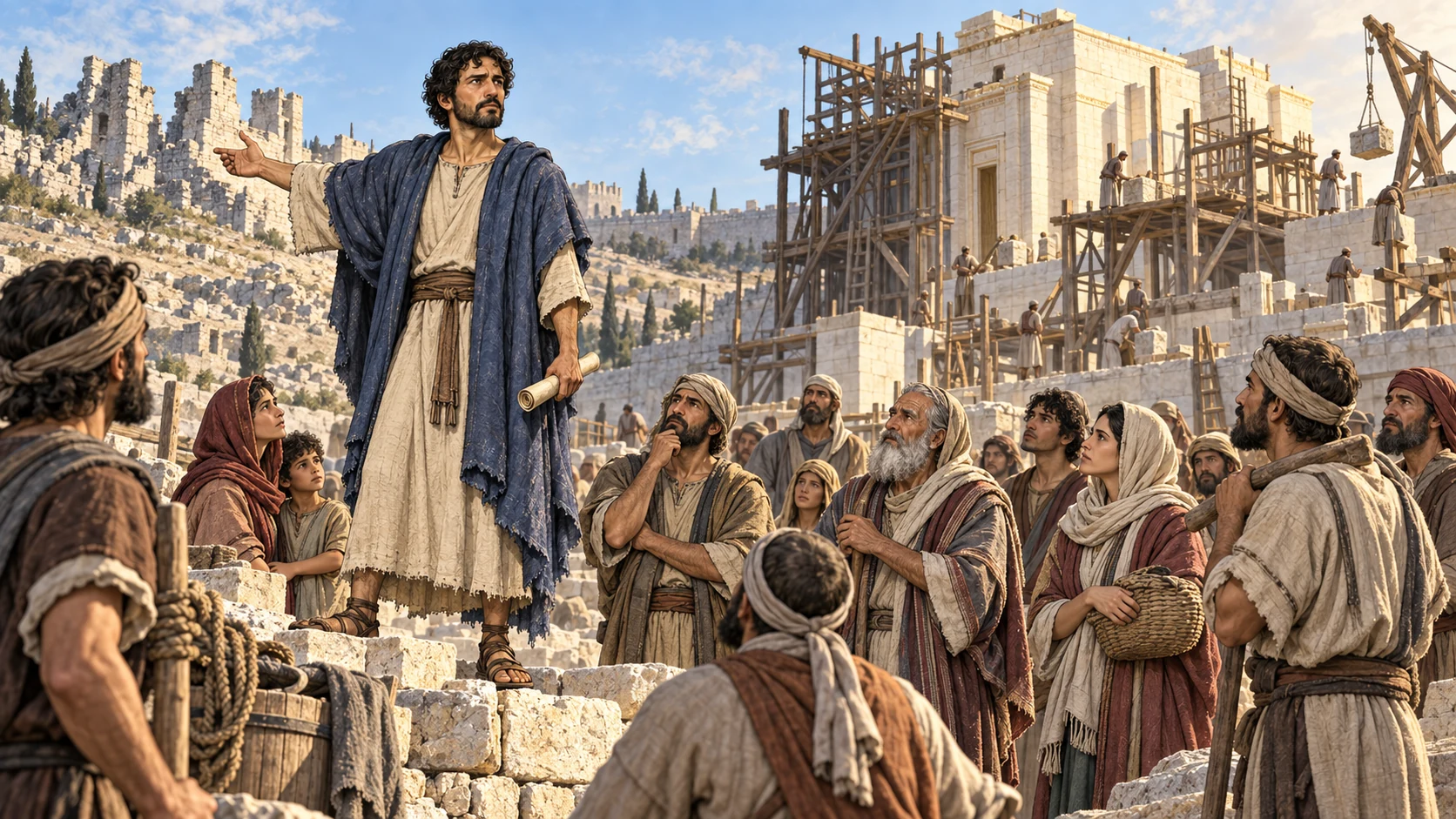 Zechariah preaches beside the rebuilding Temple to attentive returned exiles.