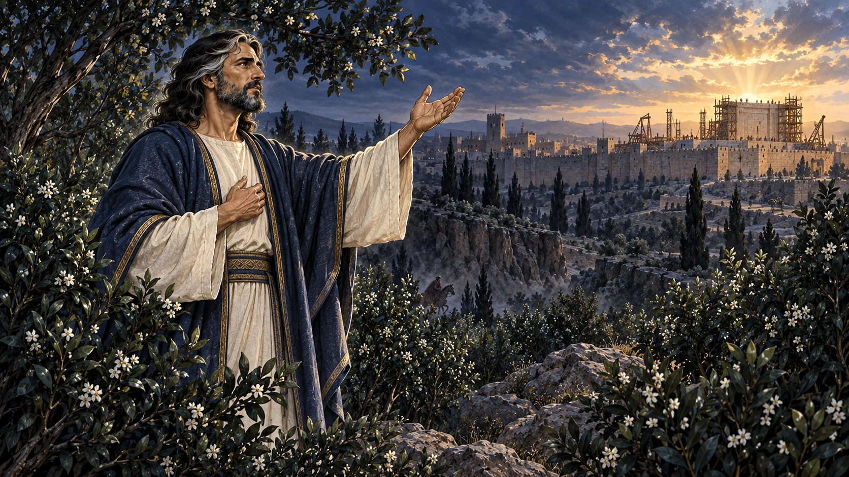 The Angel of the LORD among the myrtles, Jerusalem distant, with a restrained heavenly response.
