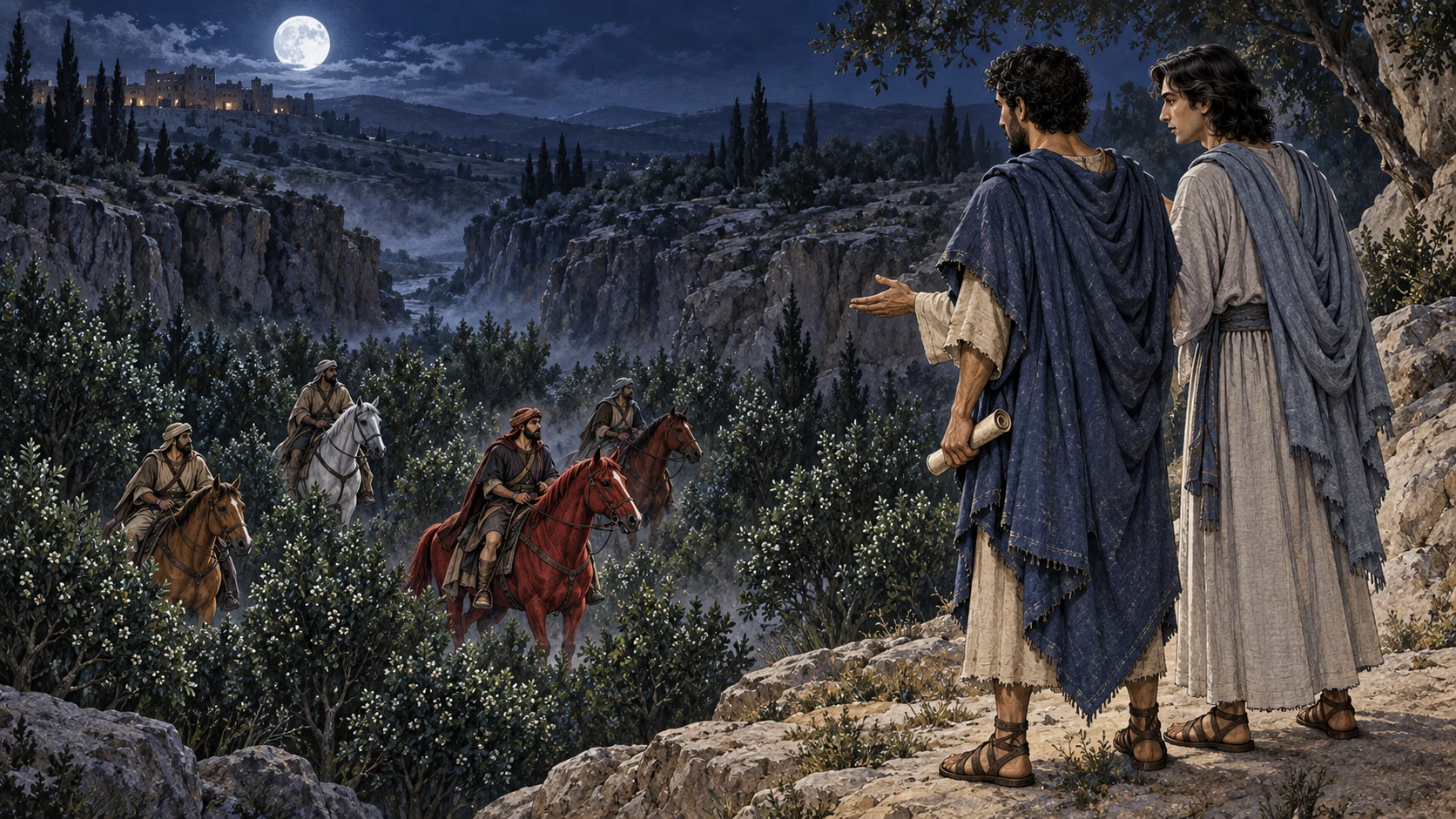 Zechariah and the interpreting angel overlook mounted scouts among myrtles in a ravine.