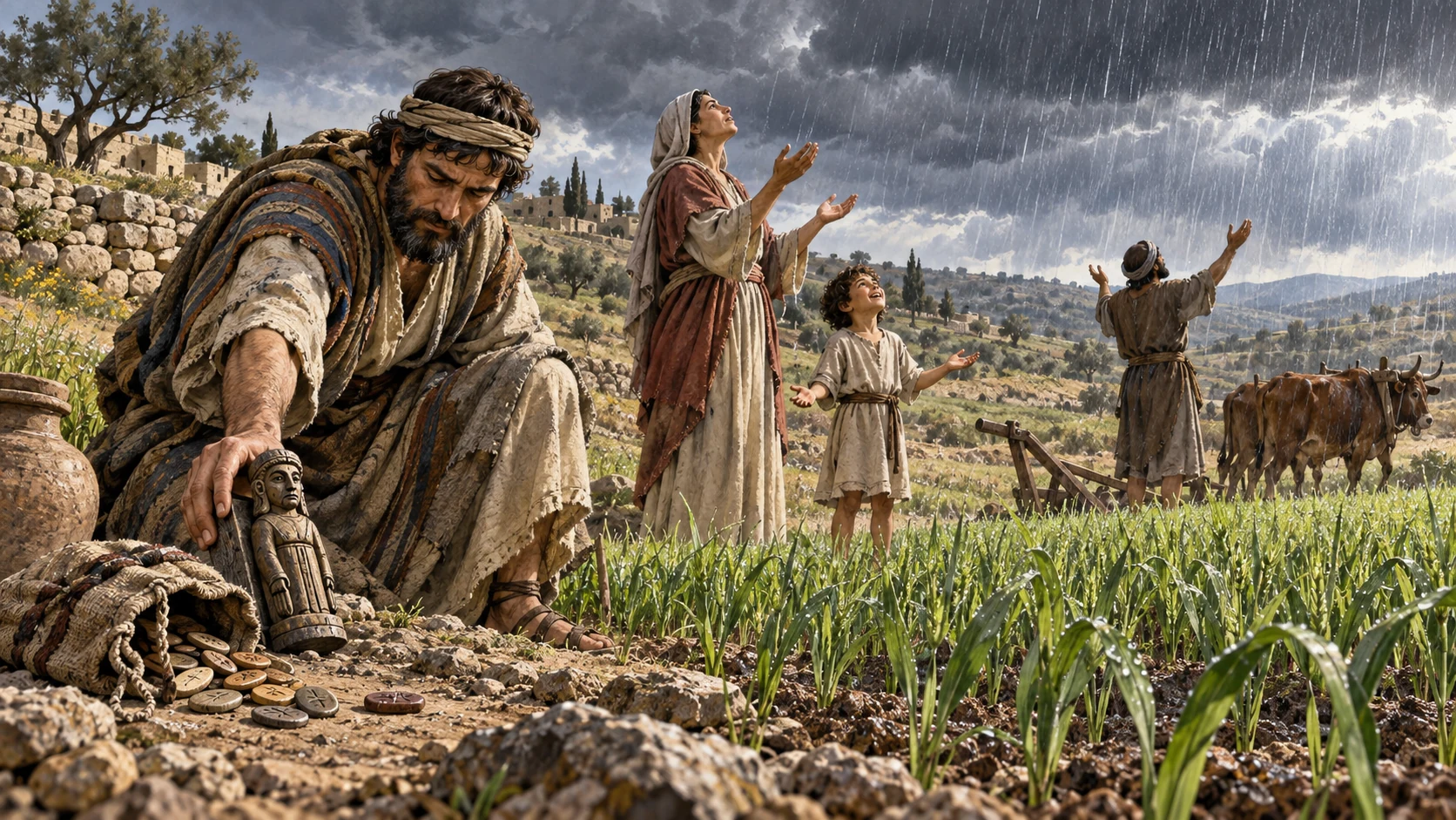 Farmers reject household idols and look toward gathering rainclouds over fields.