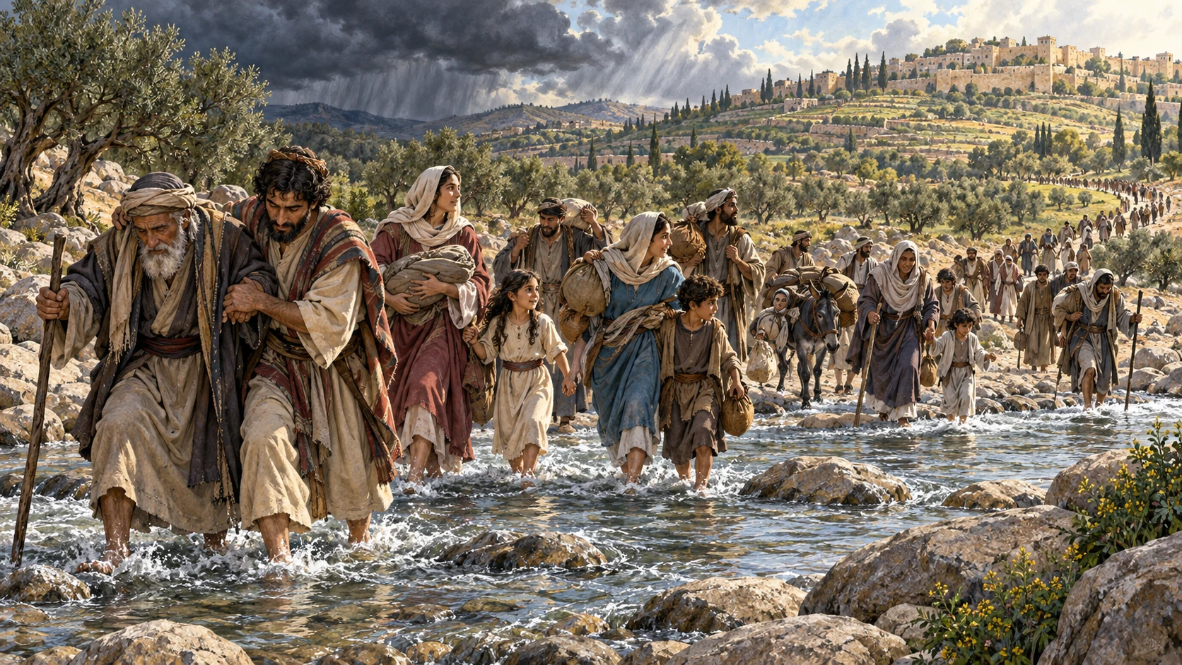 Families stream home through river and mountain terrain under gathering rain.