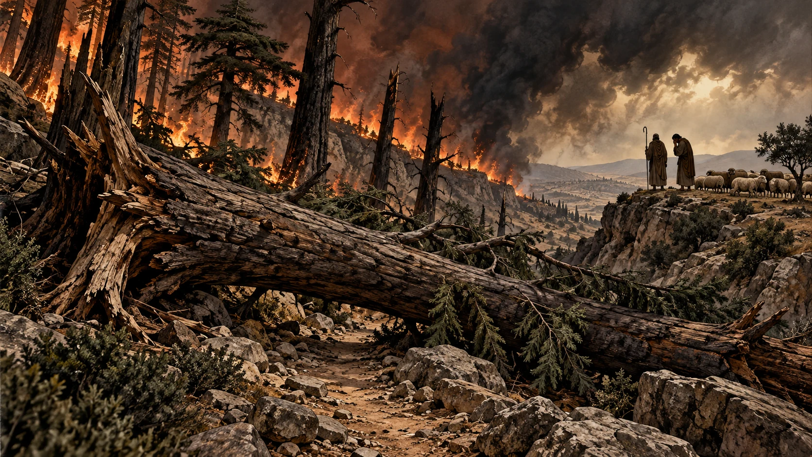 Cinematic forest devastation with shepherds hearing the crash of cedars, no human casualties.