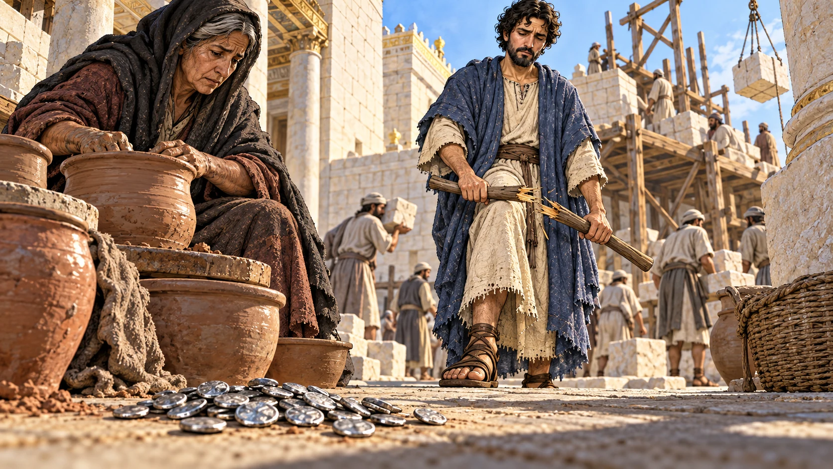 Thirty silver pieces spill beside a temple potter as Zechariah breaks the second staff.