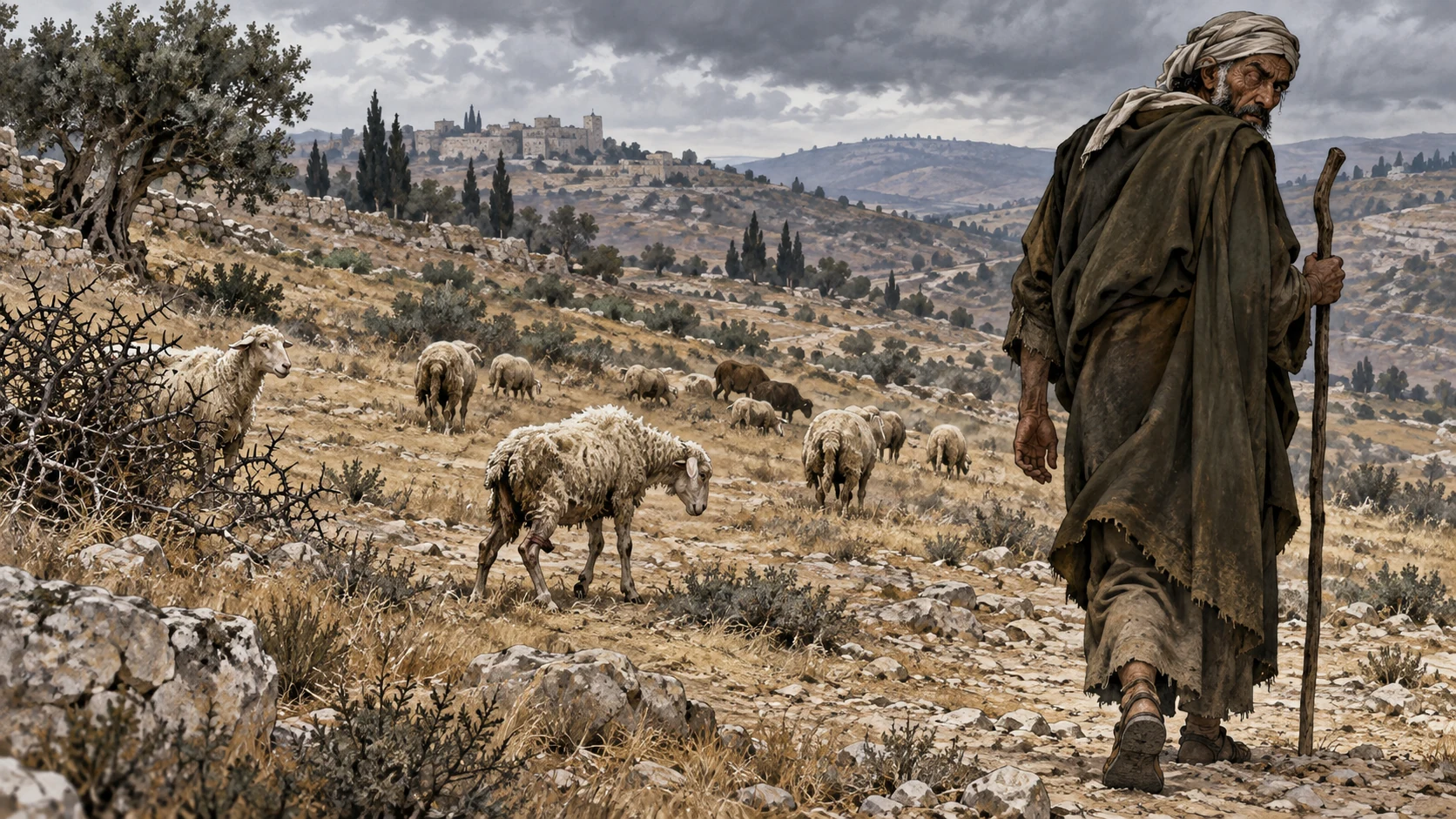 A cruel shepherd turns away from scattered wounded sheep, his useless arm held close.
