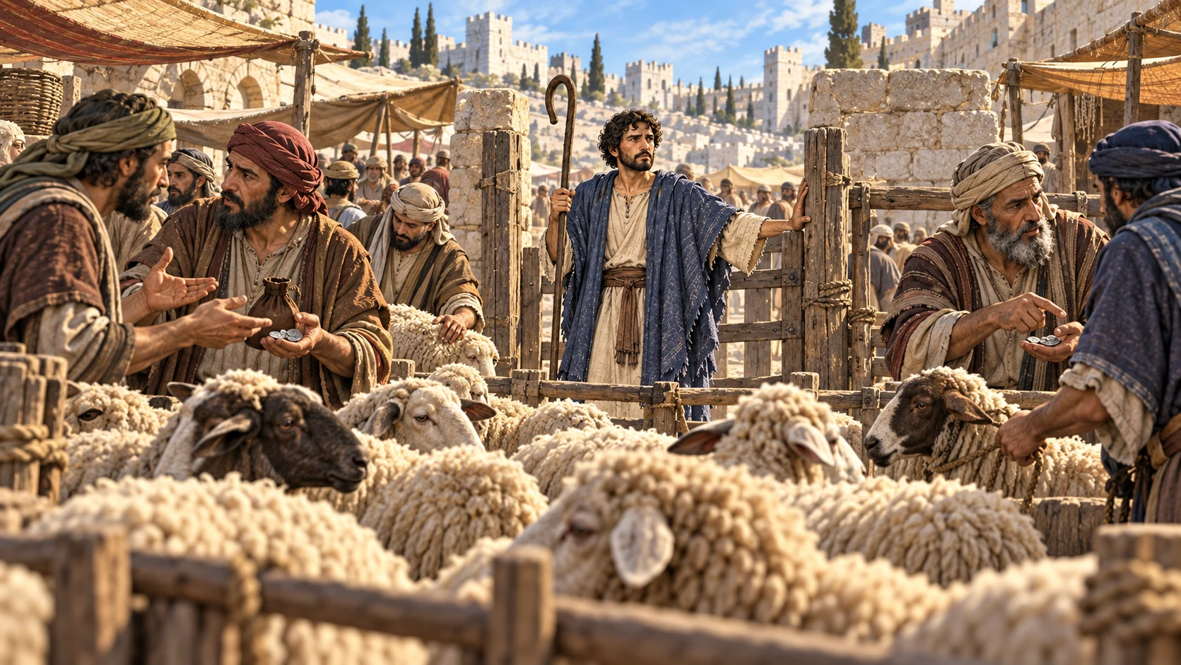 Zechariah enters a crowded sheep market where merchants exploit a doomed flock.