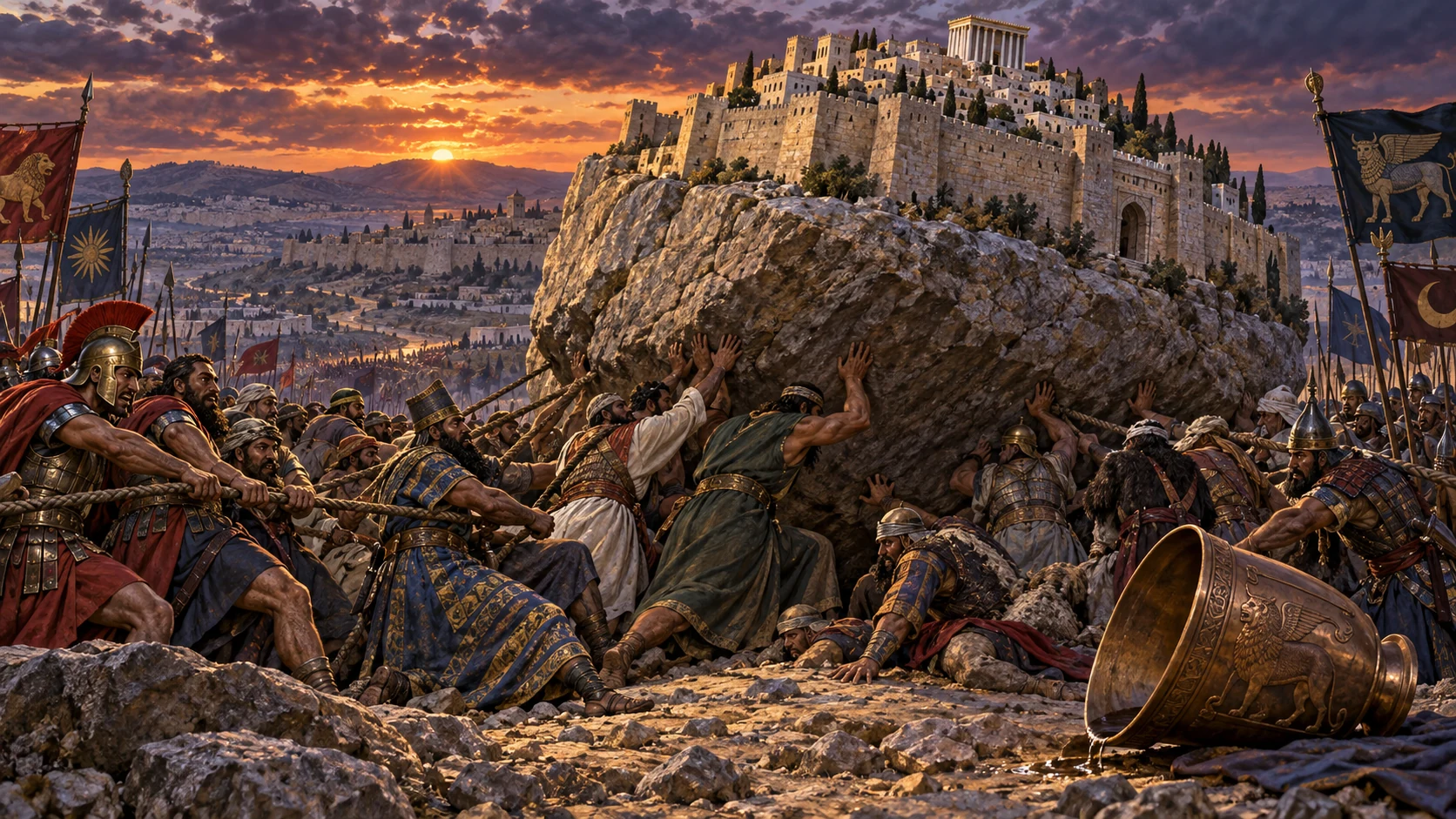 Besieging armies strain around Jerusalem under symbolic heavy-stone imagery.
