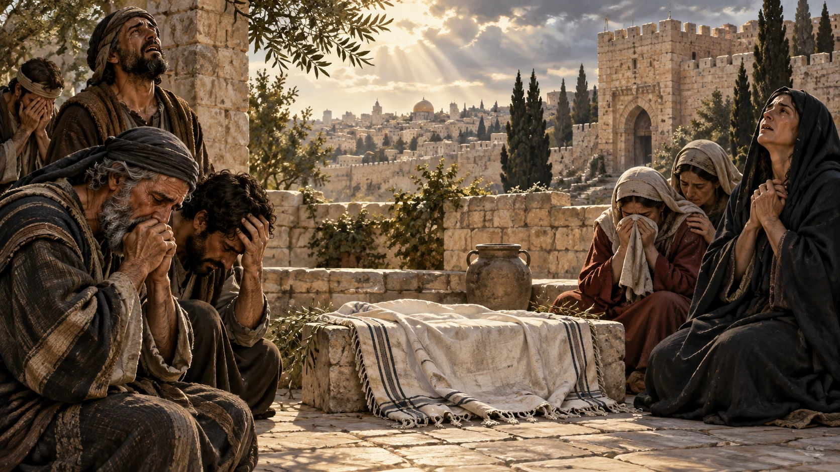 Separate Judean households mourn in a Jerusalem courtyard, centered on grief rather than gore.
