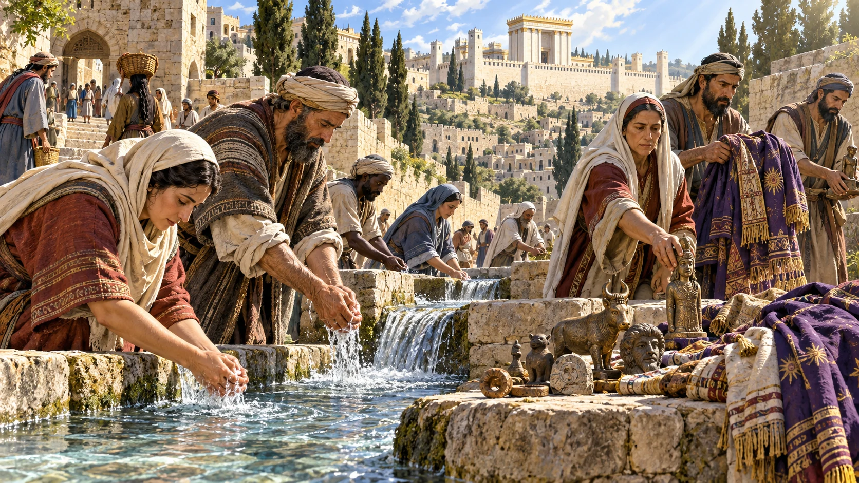 Clear water flows from a city spring as residents discard idols and deceptive garments.