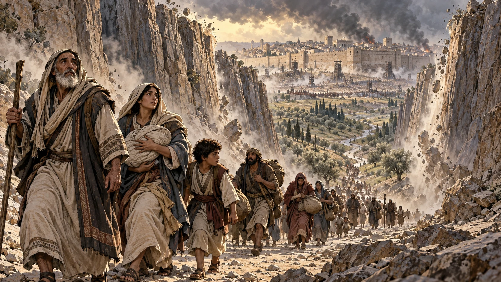 City under siege with civilians fleeing through a newly opened valley in the Mount of Olives.