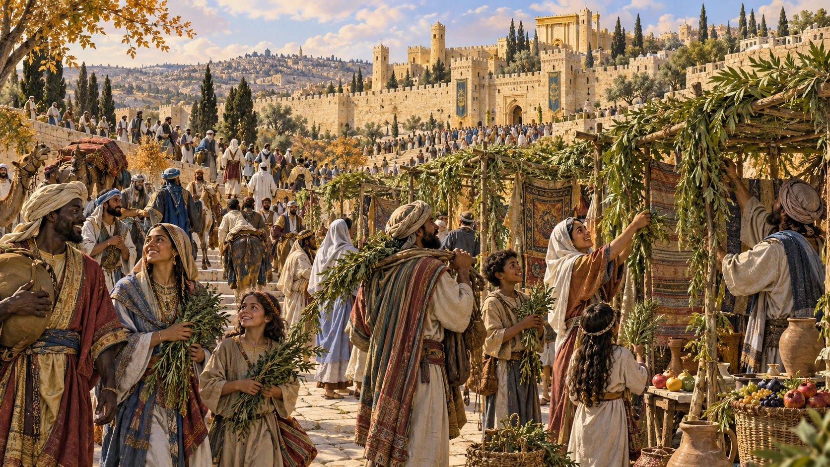 International pilgrims build booths around Jerusalem and ascend joyfully for the feast.