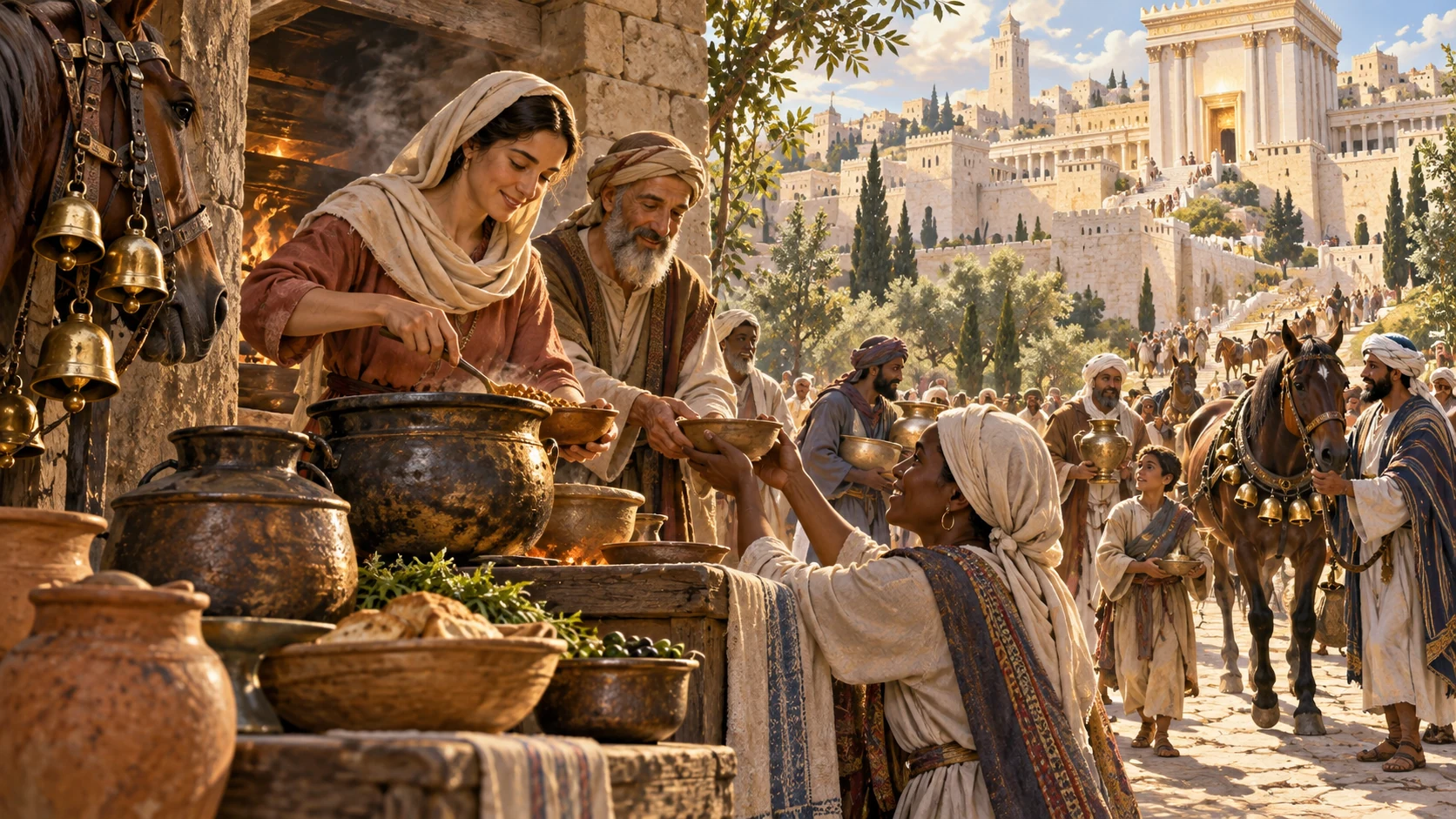Temple kitchens and city streets transformed into peaceful sacred service, blank vessels without lettering.