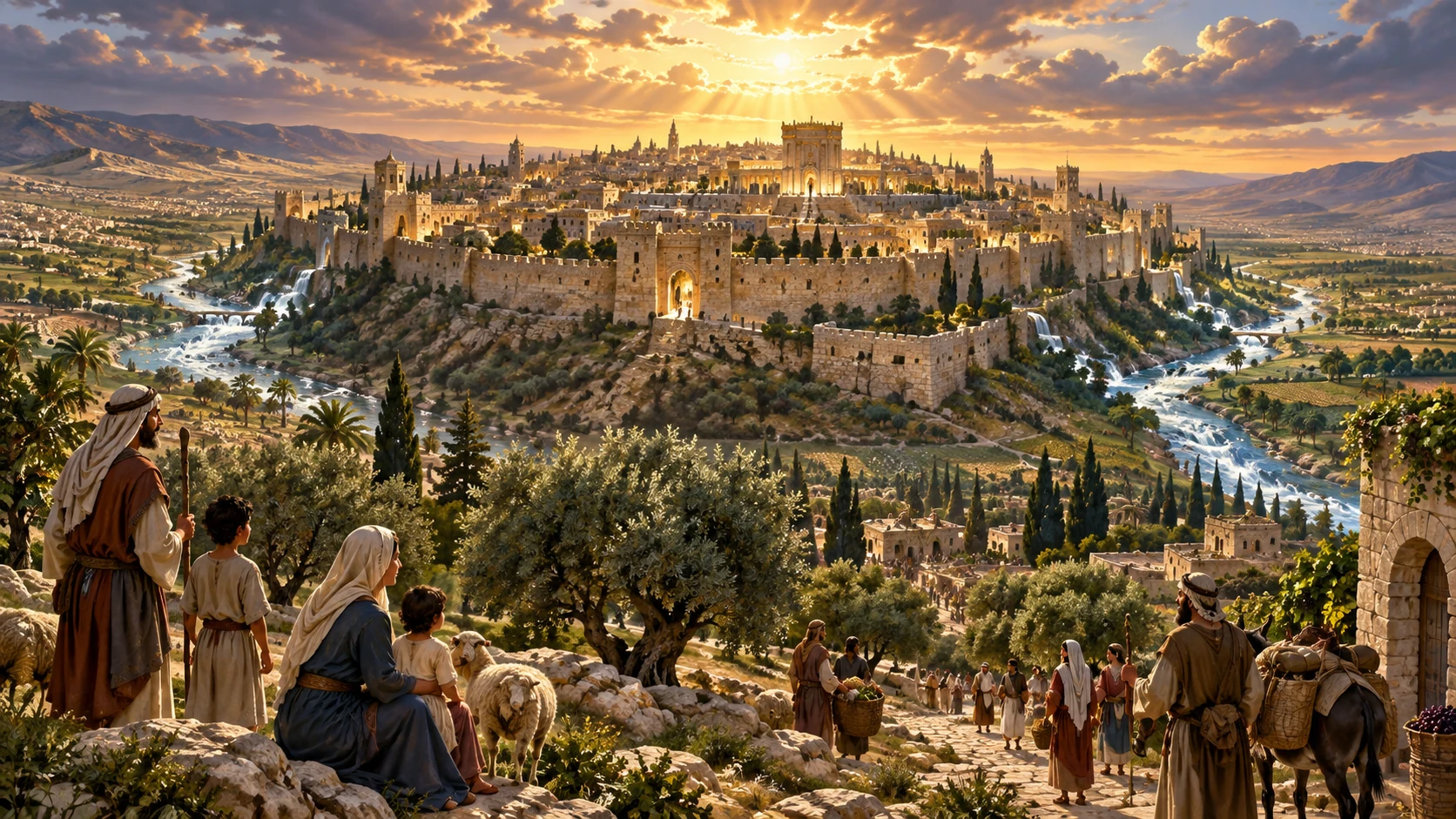 Panoramic restored Jerusalem with living waters dividing toward two seas under strange evening light.
