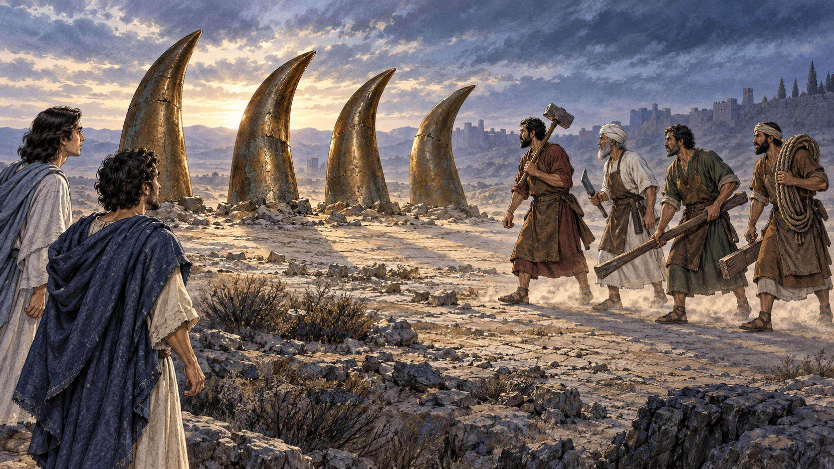 Visionary horn forms loom over scattered Judah as four craftsmen approach with tools.
