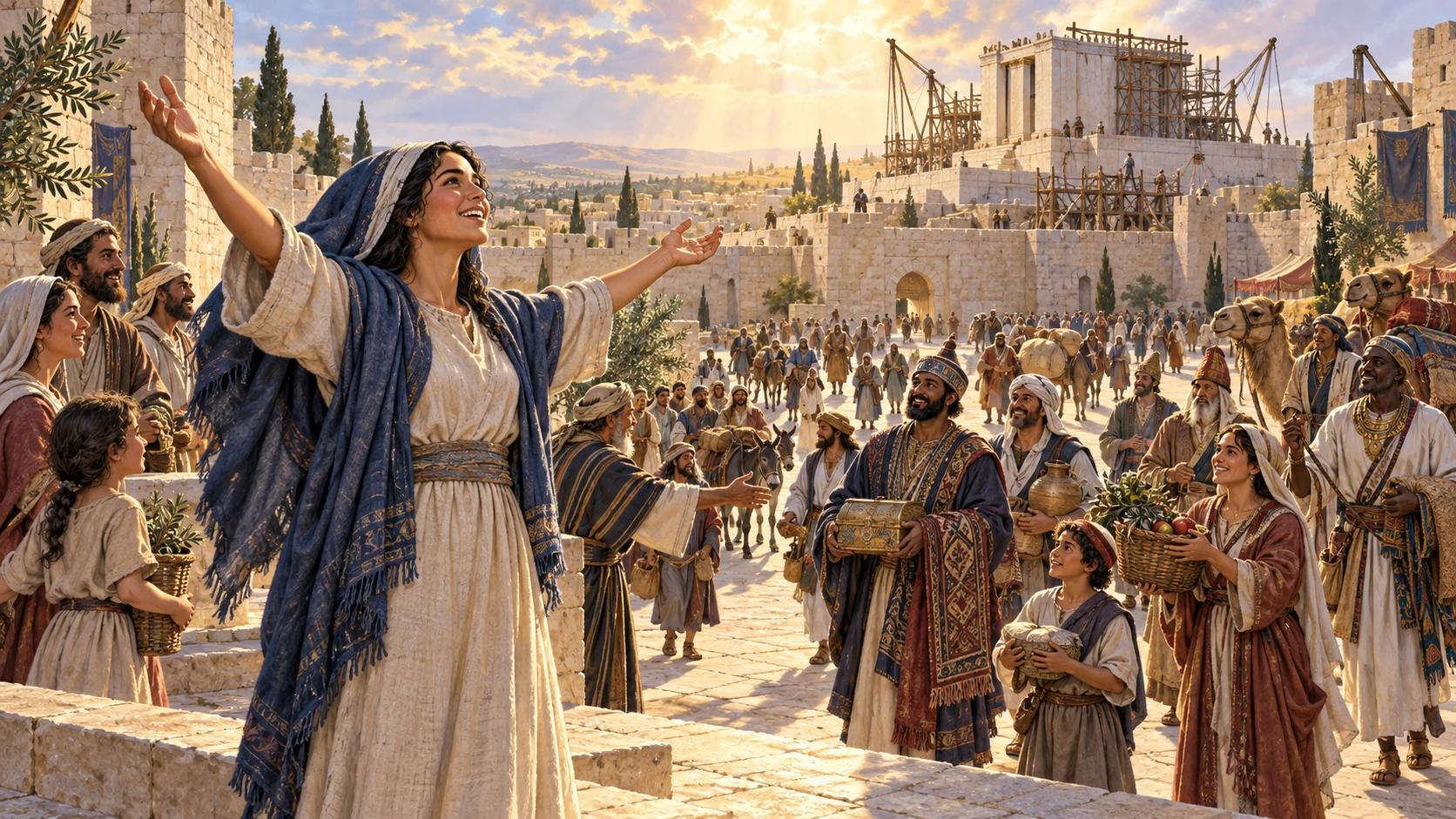 Diverse ancient nations stream toward restored Jerusalem in reverent silence.