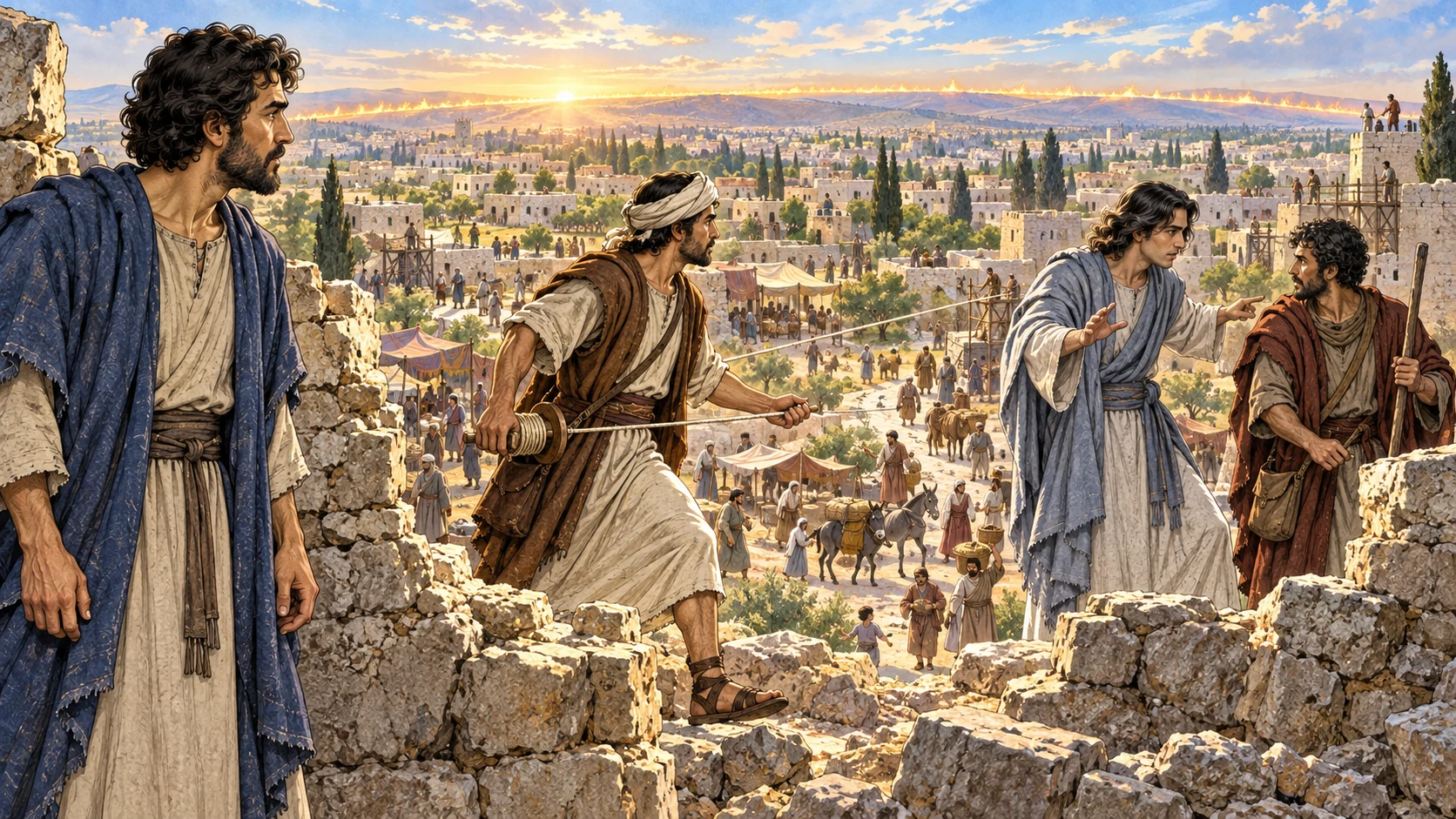 A young surveyor measures ruined Jerusalem while the interpreting angel redirects a messenger.