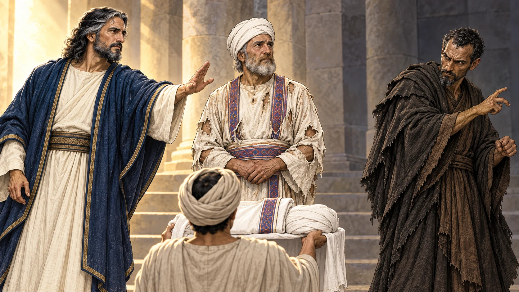 Courtroom vision: Joshua in stained priestly garments, Accuser opposed, Angel of the LORD presiding.