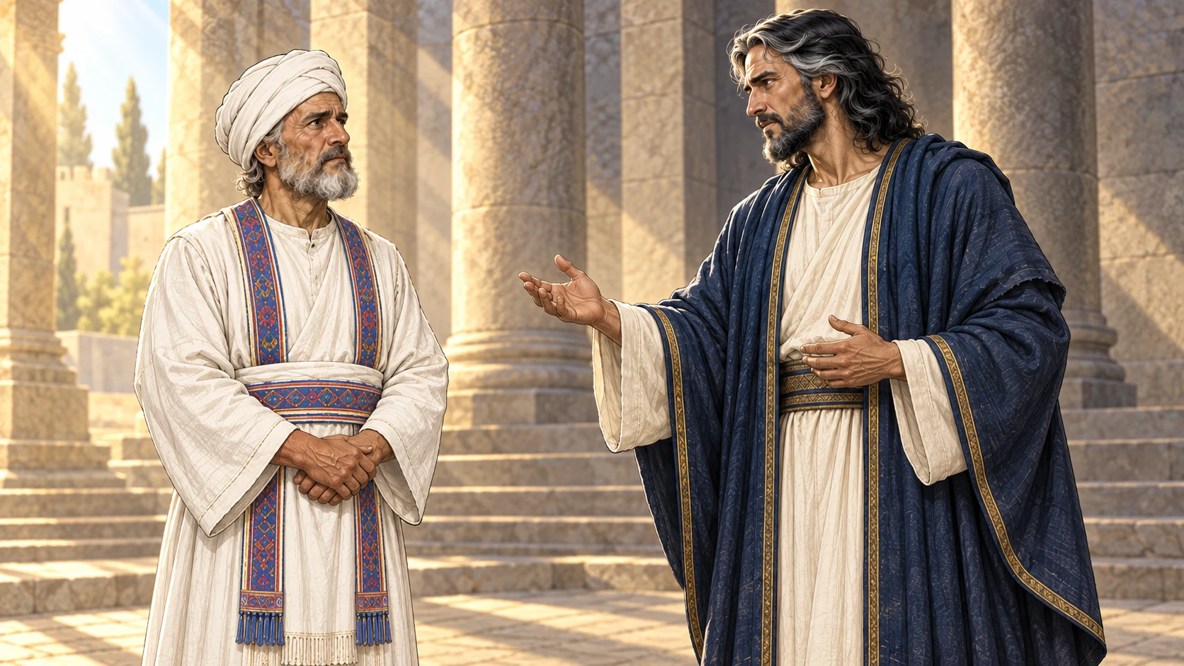 Cleansed Joshua listens before the Angel of the LORD in a temple-court vision.