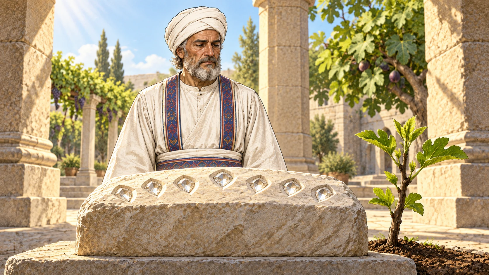 Joshua and fellow priests behold a seven-eyed stone and a living Branch symbol, not a person portrait.