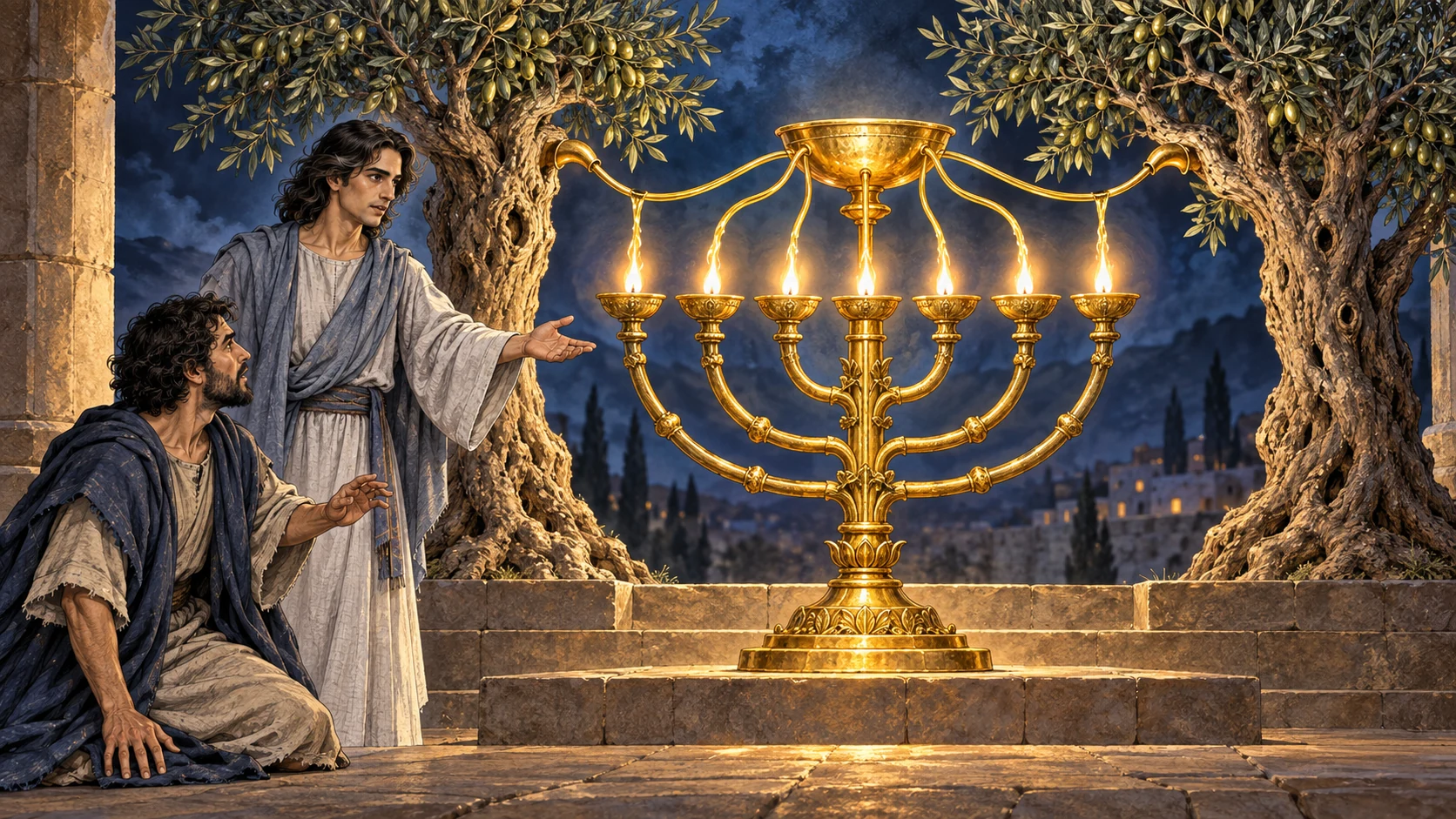 Zechariah and interpreting angel face a gold lampstand fed by two olive trees.